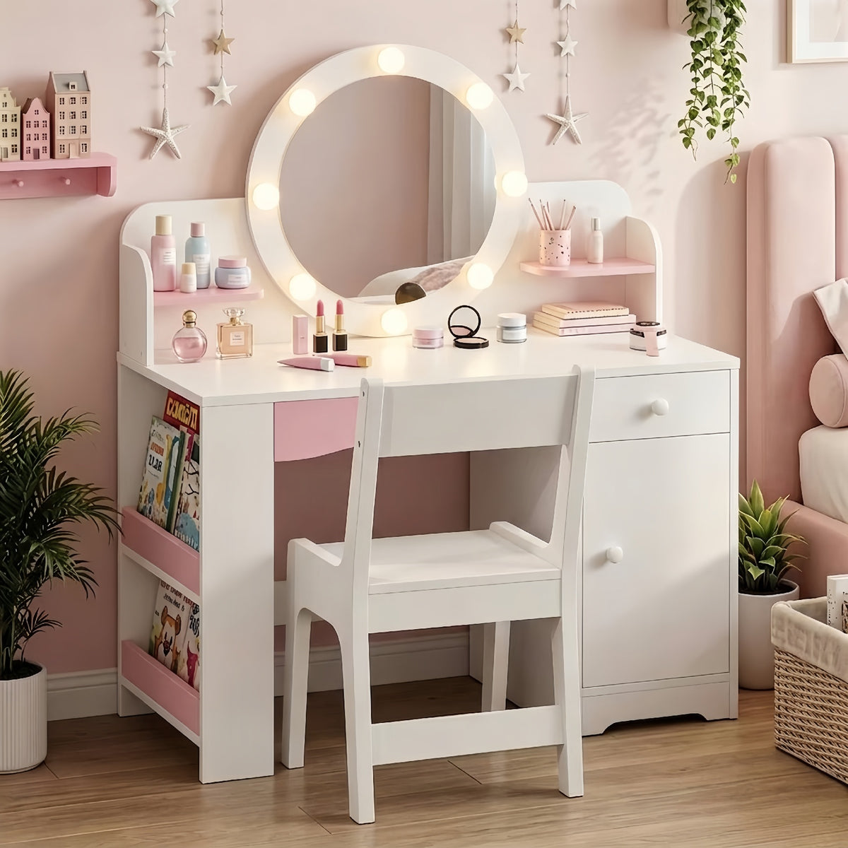 Haewon 35" Kids White Vanity with Lighted Mirror & Charging Station, Kids Vanity Table and Chair Set with Storage Cabinet & Drawers, Vanity for Kids, White