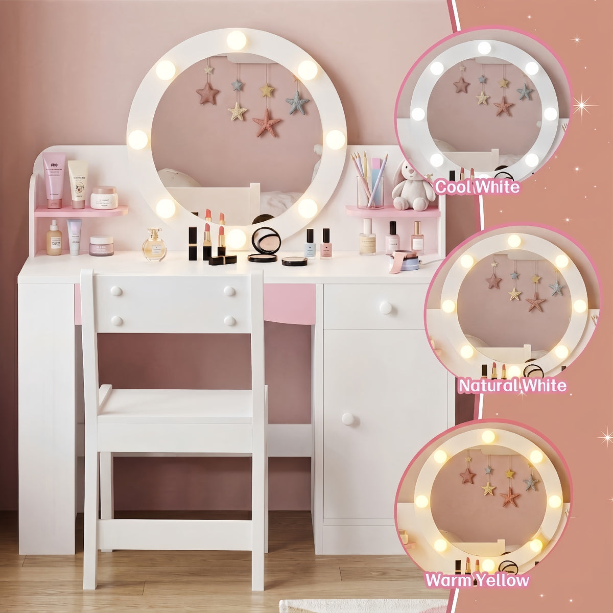 Haewon 35" Kids White Vanity with Lighted Mirror & Charging Station, Kids Vanity Table and Chair Set with Storage Cabinet & Drawers, Vanity for Kids, White