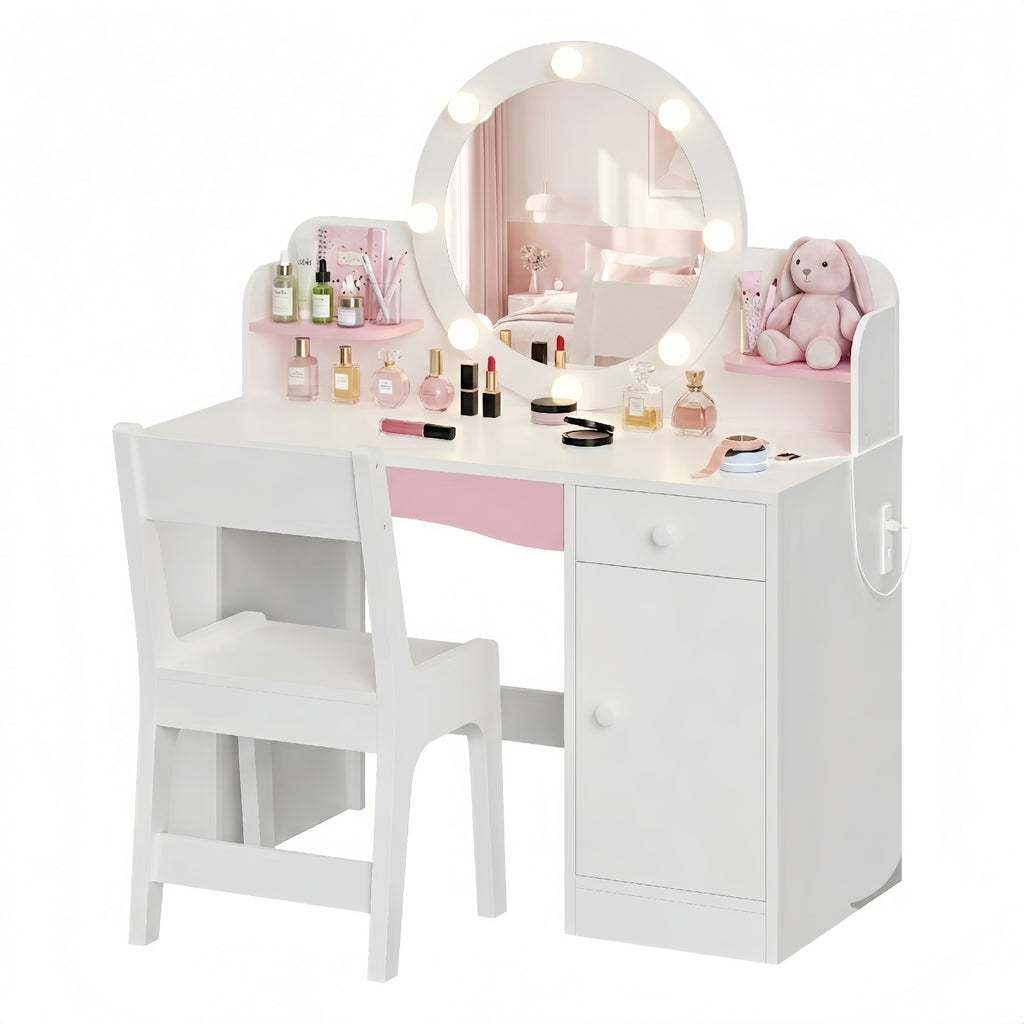 Haewon 35" Kids White Vanity with Lighted Mirror & Charging Station, Kids Vanity Table and Chair Set with Storage Cabinet & Drawers, Vanity for Kids, White
