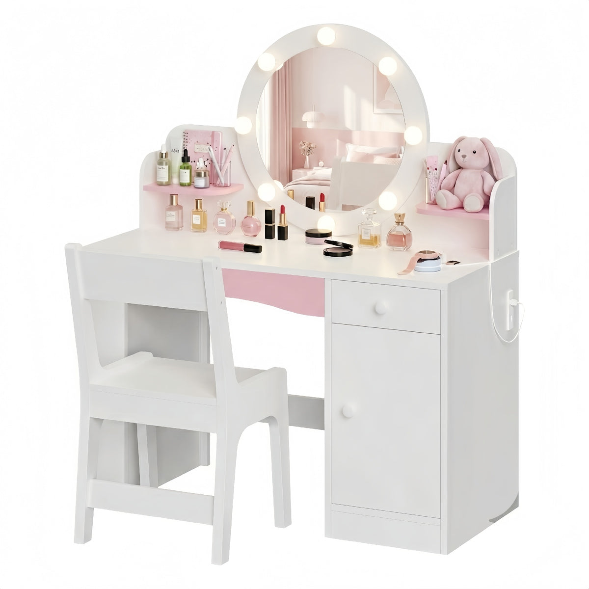 Haewon 35" Kids White Vanity with Lighted Mirror & Charging Station, Kids Vanity Table and Chair Set with Storage Cabinet & Drawers, Vanity for Kids, White