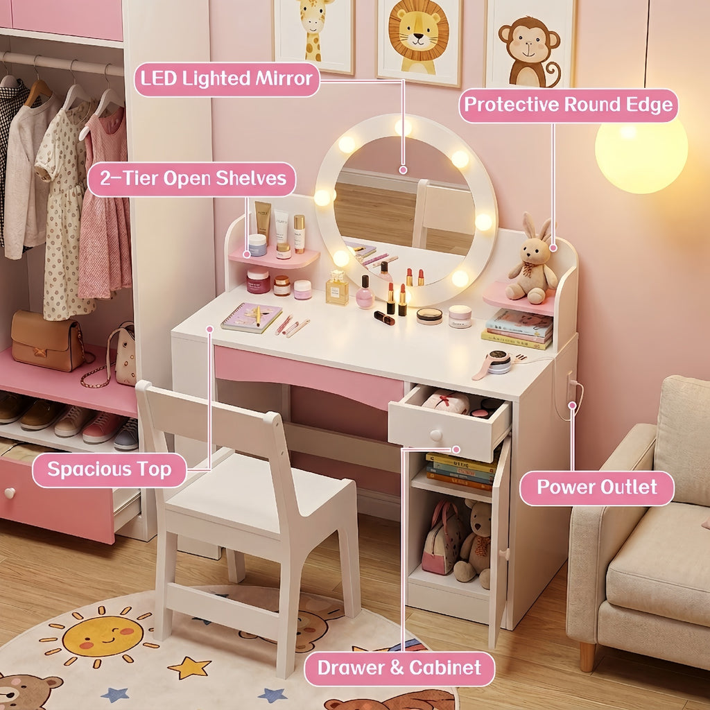 Haewon 35" Kids White Vanity with Lighted Mirror & Charging Station, Kids Vanity Table and Chair Set with Storage Cabinet & Drawers, Vanity for Kids, White