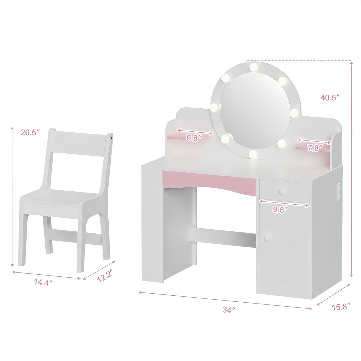 Haewon 35" Kids White Vanity with Lighted Mirror & Charging Station, Kids Vanity Table and Chair Set with Storage Cabinet & Drawers, Vanity for Kids, White