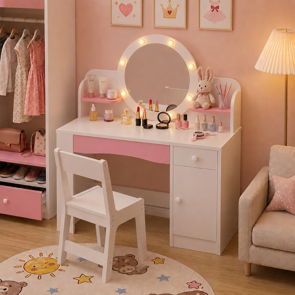 Haewon 35" Kids White Vanity with Lighted Mirror & Charging Station, Kids Vanity Table and Chair Set with Storage Cabinet & Drawers, Vanity for Kids, White