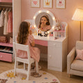 Haewon 35" Kids White Vanity with Lighted Mirror & Charging Station, Kids Vanity Table and Chair Set with Storage Cabinet & Drawers, Vanity for Kids, White