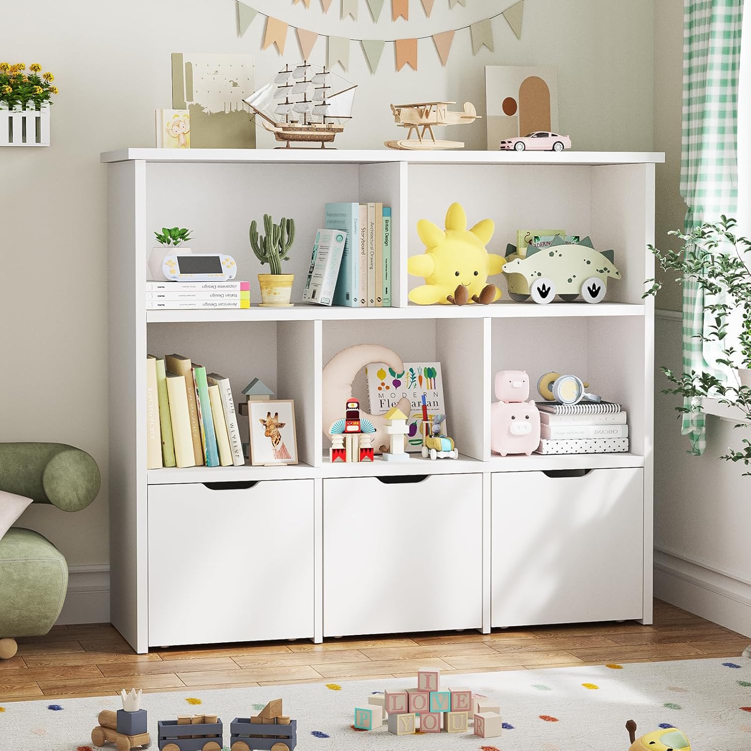 Bexfil Kids Bookshelf and Toy Storage, Kids Toy Storage Organizer, Toy Storage Cabinet with Toy Shelf, Toddler Bookshelf Toy Organizer and Storage Bins