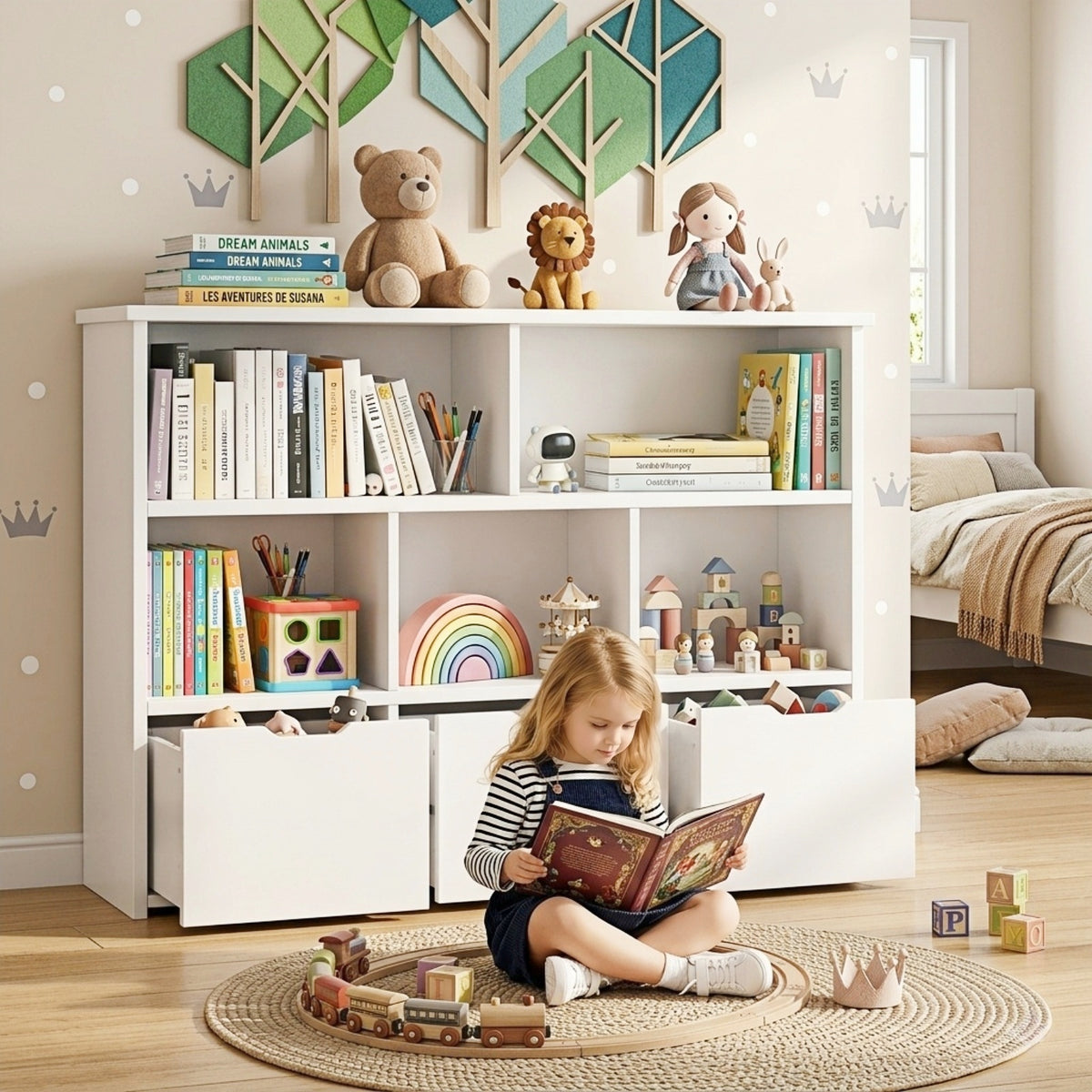 Kbun 5 Cube Toy Storage Cabinet, Kids Geometric Bookcase and Bookshelf with 3 large Drawers, Toddler Book Shelf for Kids Rooms, Playroom, Nursery, Kindergarten White
