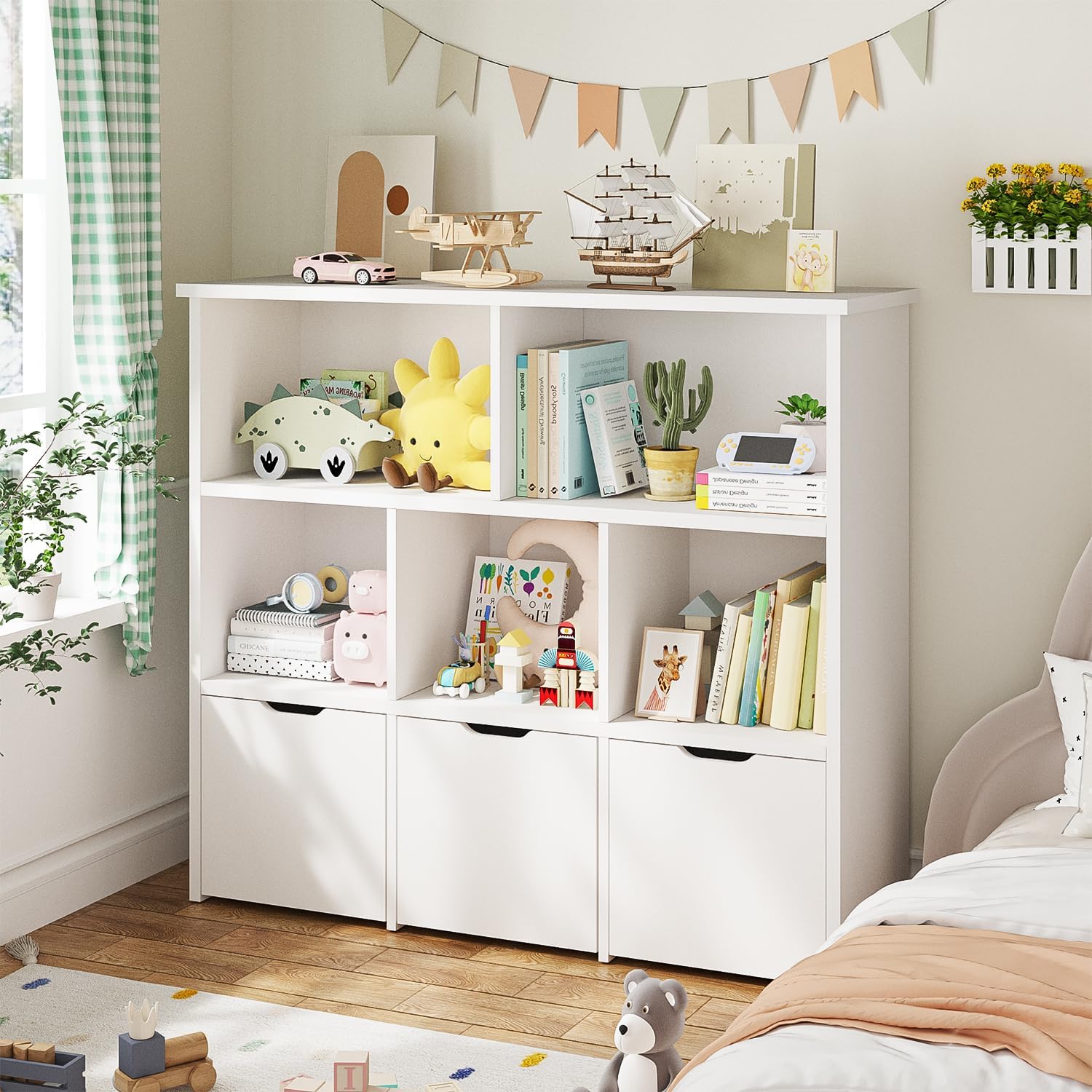 Bexfil Kids Bookshelf and Toy Storage, Kids Toy Storage Organizer, Toy Storage Cabinet with Toy Shelf, Toddler Bookshelf Toy Organizer and Storage Bins