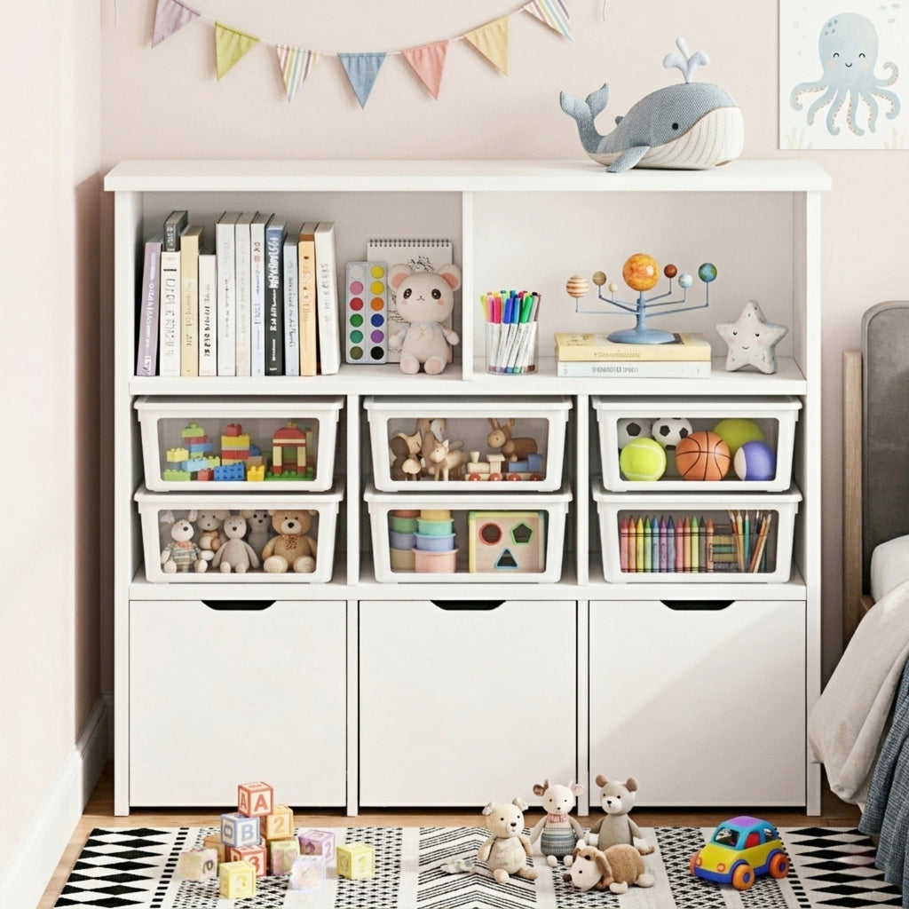 Kbun 5 Cube Toy Storage Cabinet, Kids Geometric Bookcase and Bookshelf with 3 large Drawers, Toddler Book Shelf for Kids Rooms, Playroom, Nursery, Kindergarten White