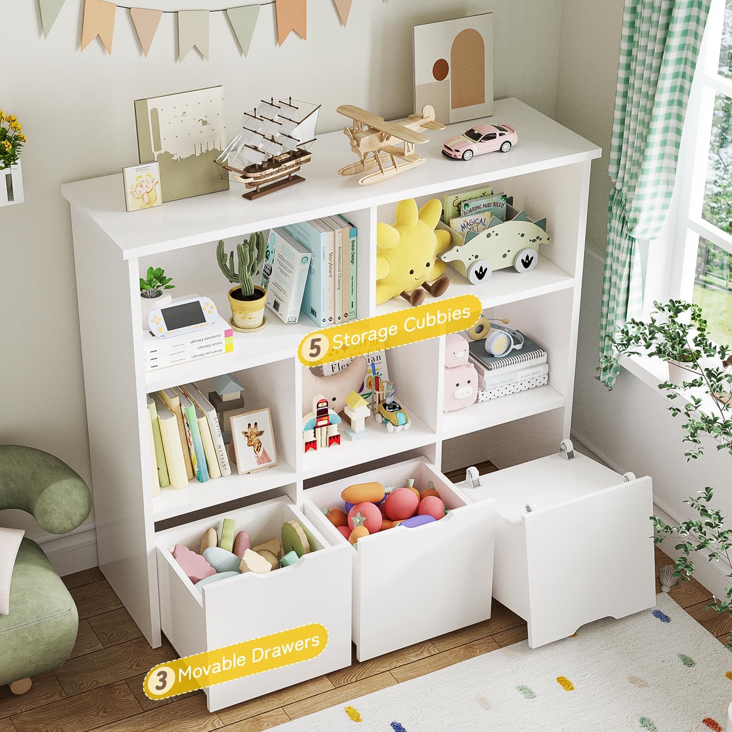 Bexfil Kids Bookshelf and Toy Storage, Kids Toy Storage Organizer, Toy Storage Cabinet with Toy Shelf, Toddler Bookshelf Toy Organizer and Storage Bins