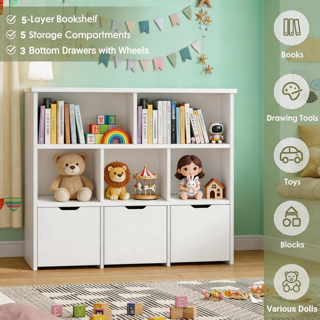 Kbun 5 Cube Toy Storage Cabinet, Kids Geometric Bookcase and Bookshelf with 3 large Drawers, Toddler Book Shelf for Kids Rooms, Playroom, Nursery, Kindergarten White
