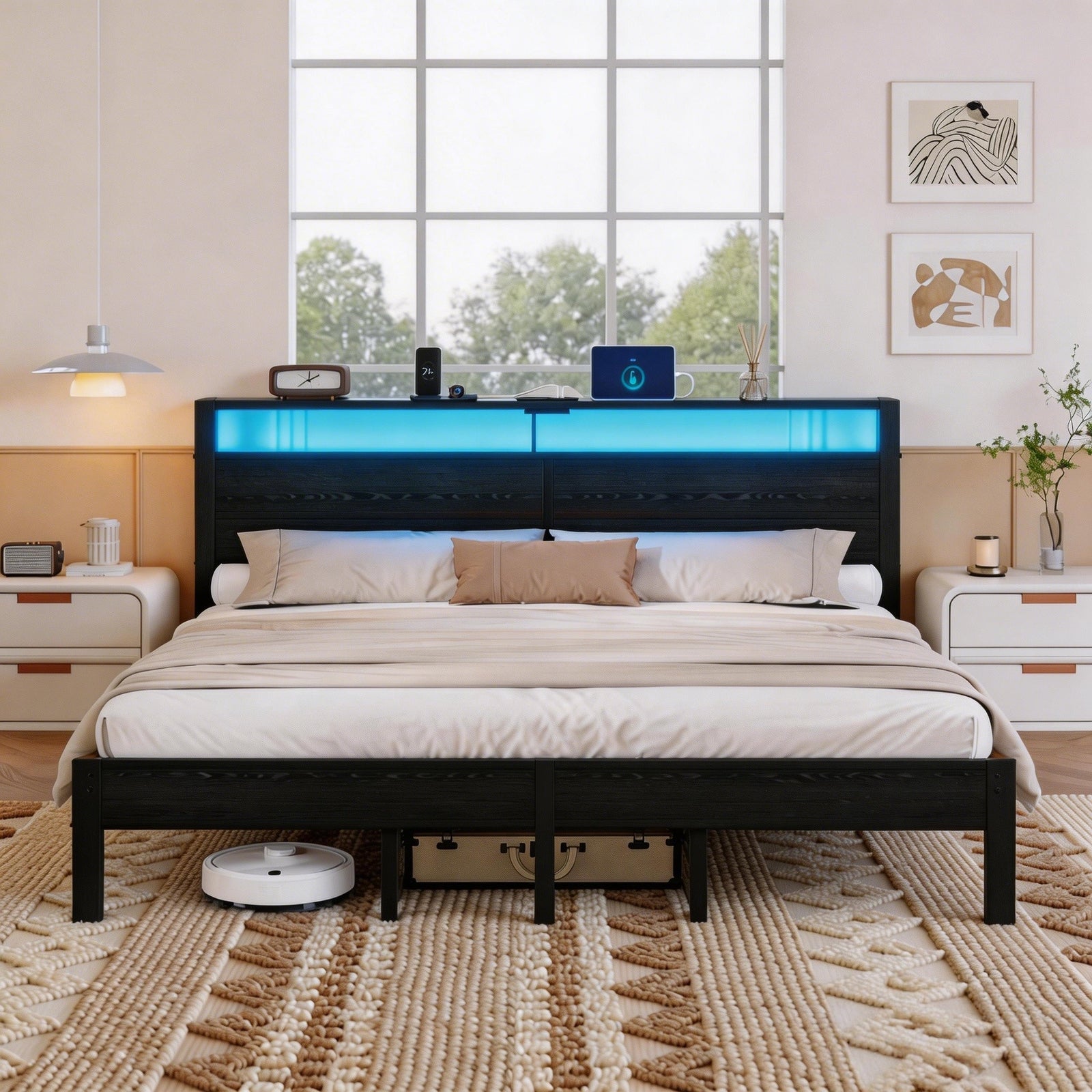 Dayago King Bed Frames with Charging Station and LED Lights, King Size Wood Headboard Platform Bed with Metal Slats, No Box Spring Needed and Noise Free, Black Oak