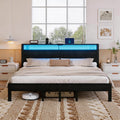 Bexfil King Size LED Bed Frame with Charging Station, Modern Metal Platform Bed with Wood Headboard, Black Oak