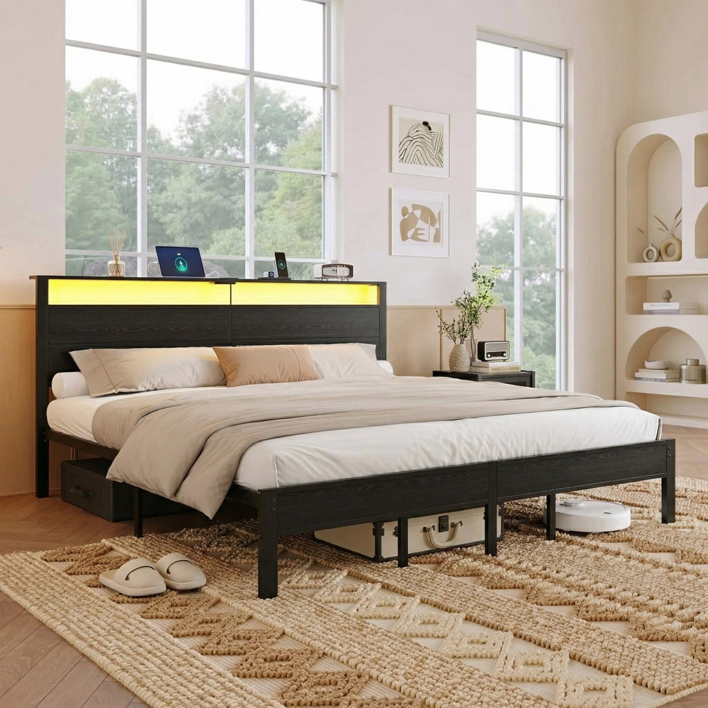 Bexfil King Size LED Bed Frame with Charging Station, Modern Metal Platform Bed with Wood Headboard, Black Oak