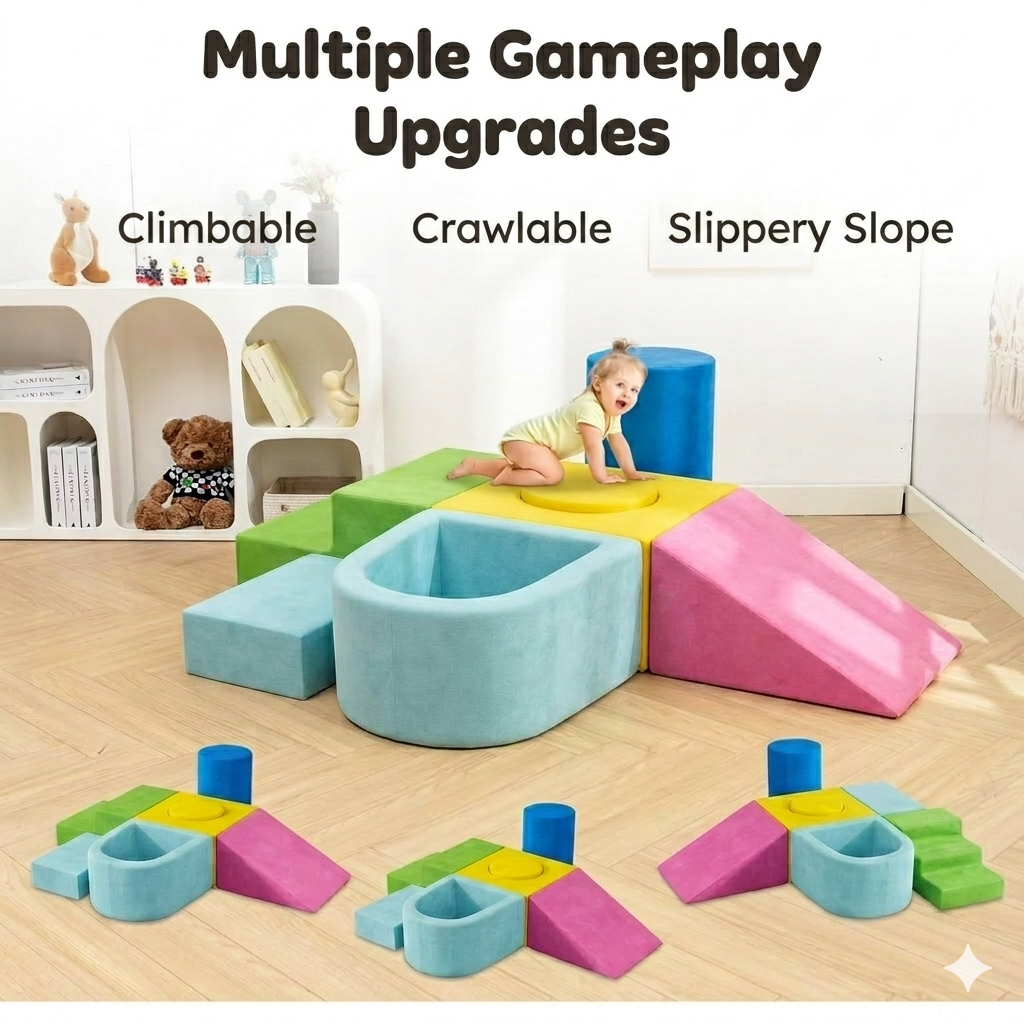 Bexfil Soft Play Climbing for Toddlers, Large 7pcs Foam Climbing Blocks For Toddlers For Nursery, Living Room and Children'S Room, Baby Climbing Blocks with Tunnel