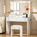 Bexfil White LED Lighted Vanity Table with 4 Drawers, Built-in Power Strip & Storage Stool – Adjustable Brightness Makeup Desk for Bedroom