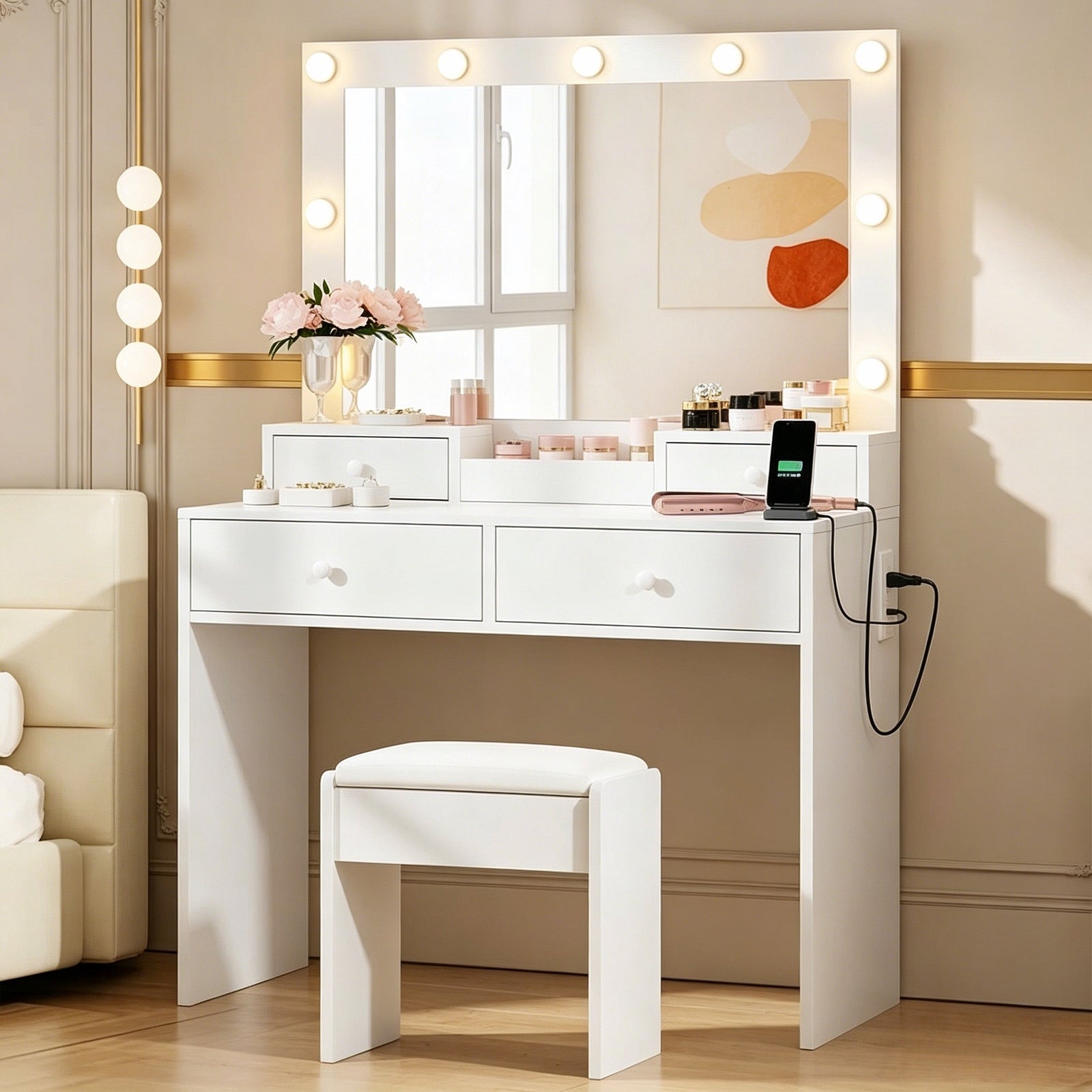 Bexfil White LED Lighted Vanity Table with 4 Drawers, Built-in Power Strip & Storage Stool – Adjustable Brightness Makeup Desk for Bedroom