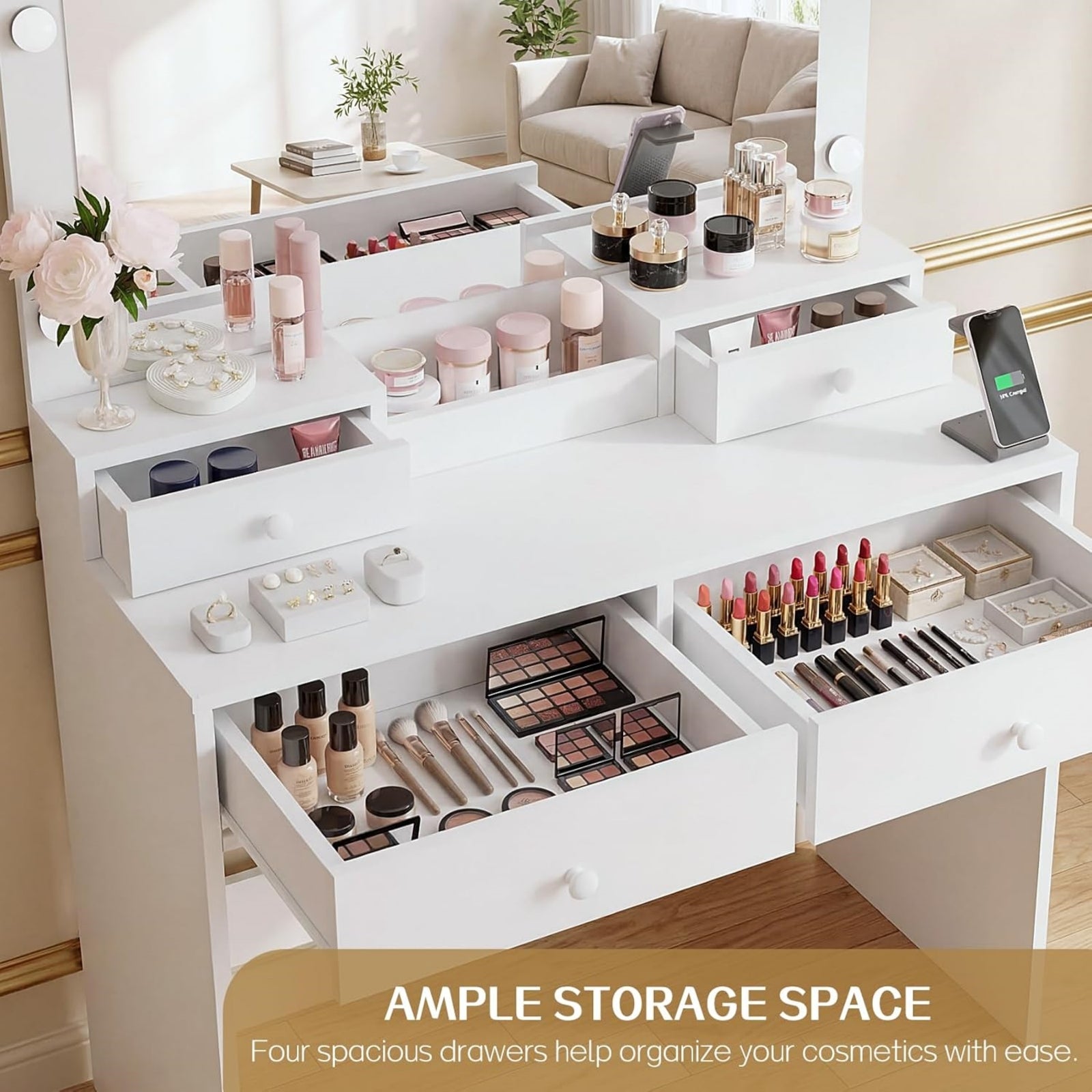 Bexfil White LED Lighted Vanity Table with 4 Drawers, Built-in Power Strip & Storage Stool – Adjustable Brightness Makeup Desk for Bedroom