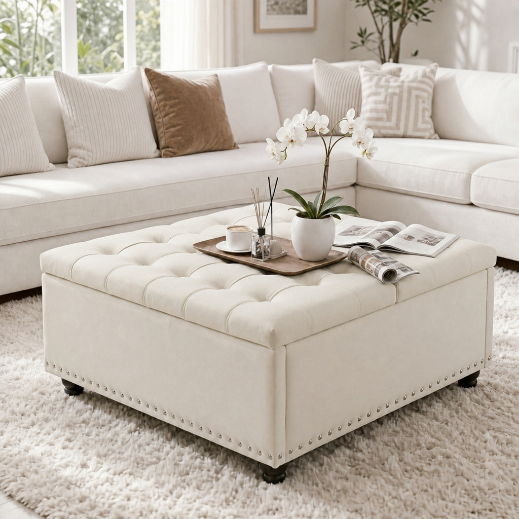 Bexfil Large Square Storage Ottoman, Coffee Table Storage Ottoman, Tufted Upholstered Oversized Square Ottoman for Living Room, White