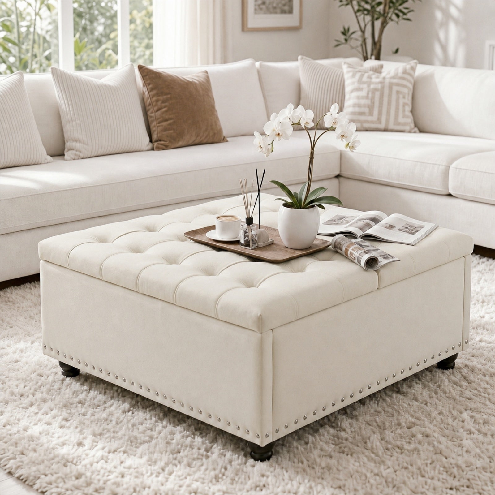 Bexfil Large Square Storage Ottoman, Coffee Table Storage Ottoman, Tufted Upholstered Oversized Square Ottoman for Living Room, White