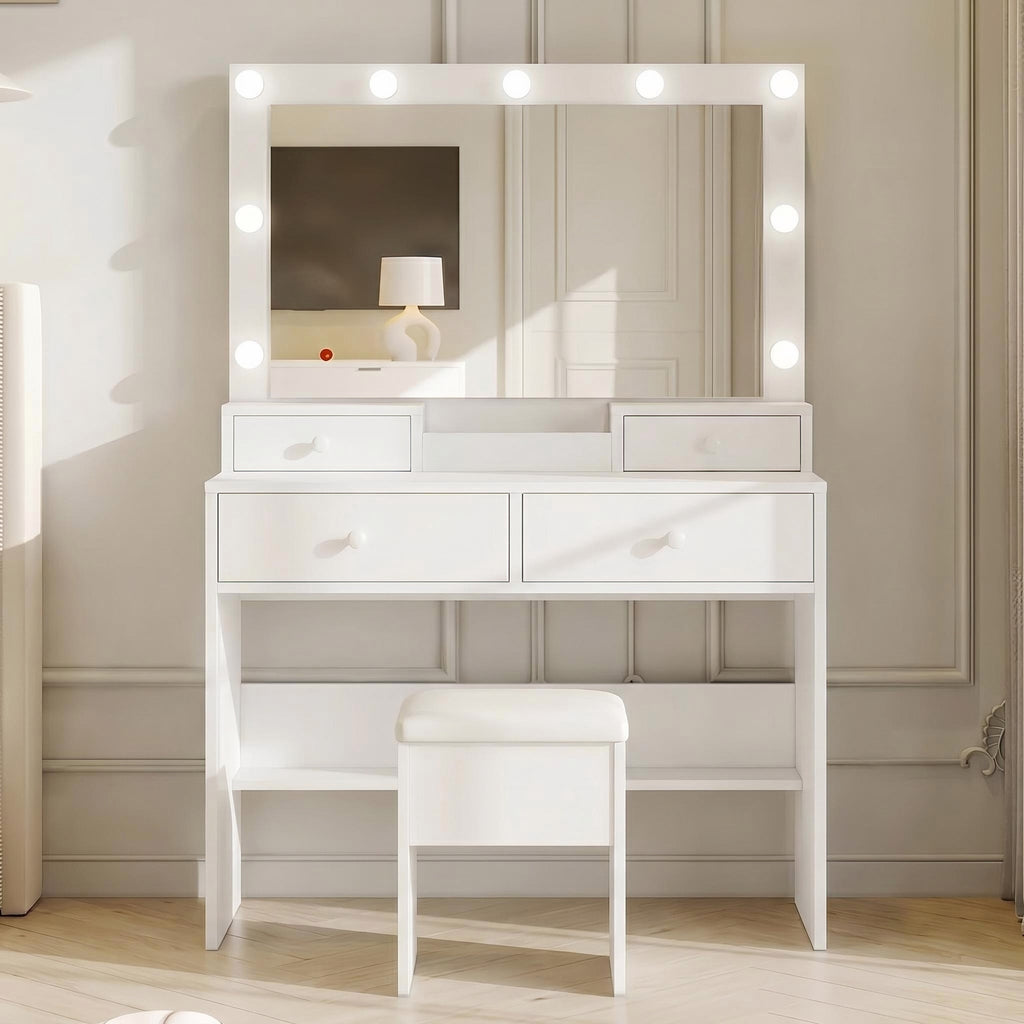 Bexfil White LED Lighted Vanity Table with 4 Drawers, Built-in Power Strip & Storage Stool – Adjustable Brightness Makeup Desk for Bedroom