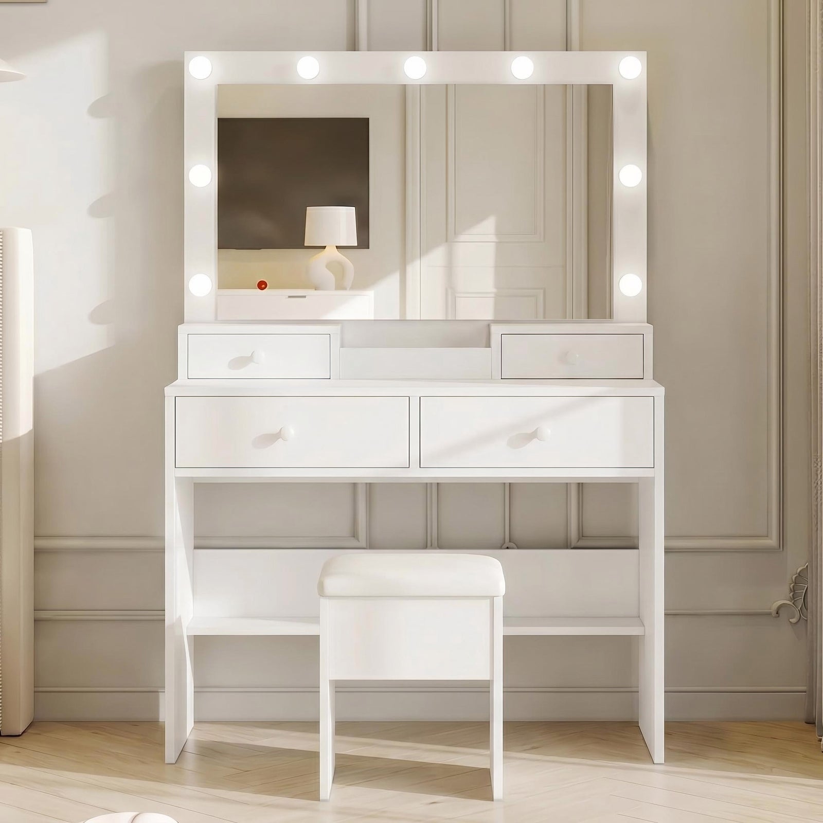 Bexfil White LED Lighted Vanity Table with 4 Drawers, Built-in Power Strip & Storage Stool – Adjustable Brightness Makeup Desk for Bedroom
