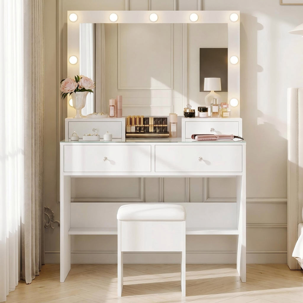 Bexfil White LED Lighted Vanity Table with 4 Drawers, Built-in Power Strip & Storage Stool – Adjustable Brightness Makeup Desk for Bedroom