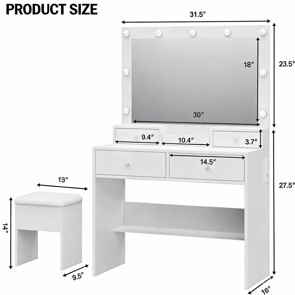 Bexfil White LED Lighted Vanity Table with 4 Drawers, Built-in Power Strip & Storage Stool – Adjustable Brightness Makeup Desk for Bedroom