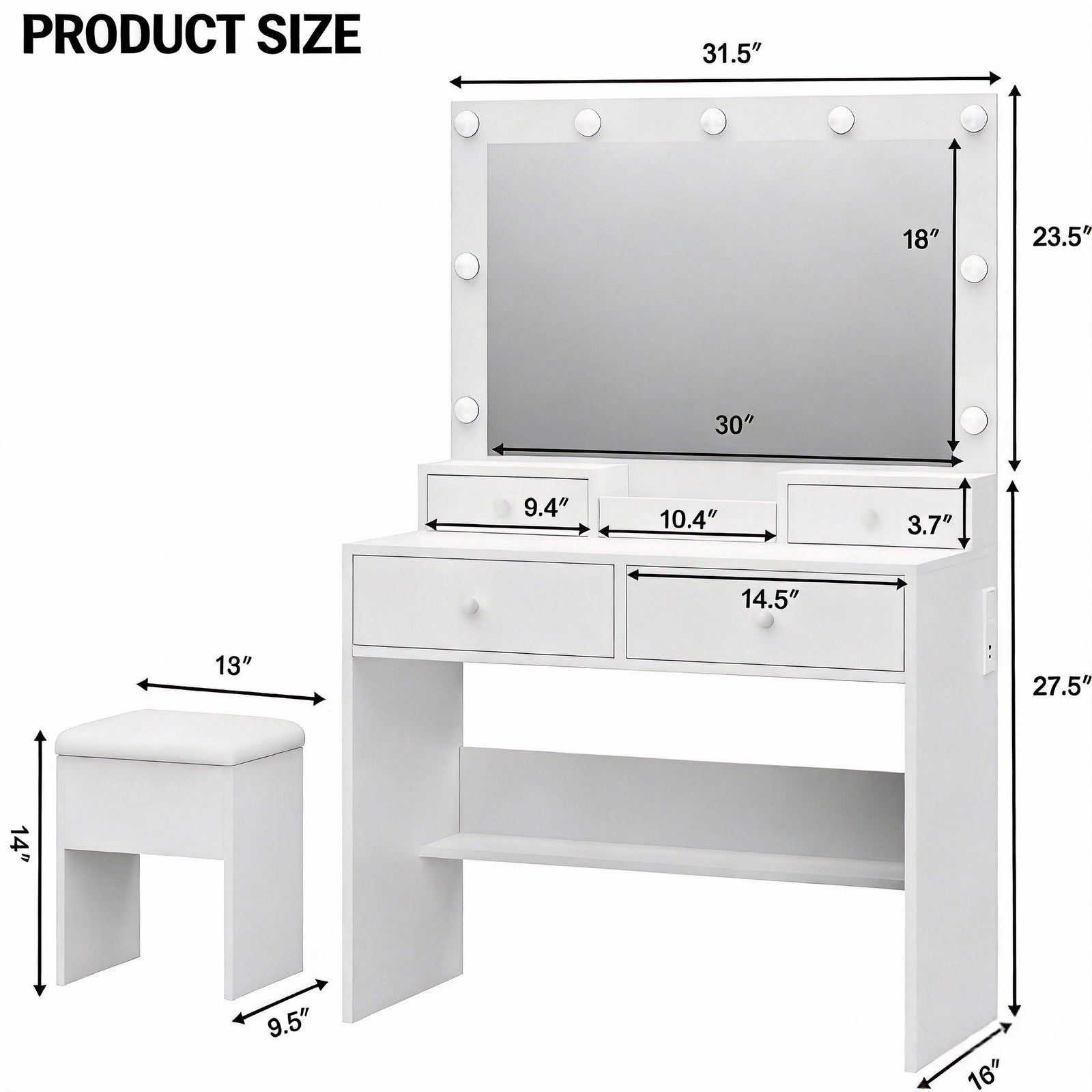 Bexfil White LED Lighted Vanity Table with 4 Drawers, Built-in Power Strip & Storage Stool – Adjustable Brightness Makeup Desk for Bedroom