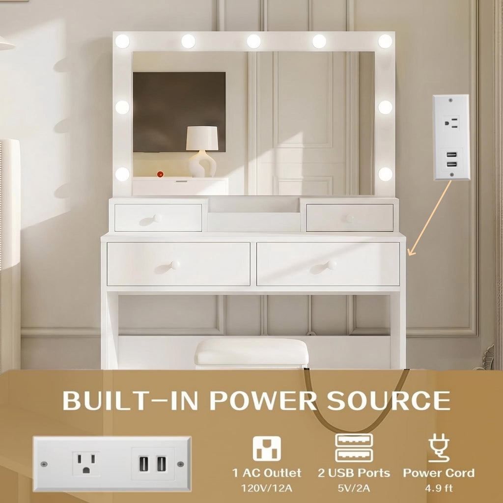 Bexfil White LED Lighted Vanity Table with 4 Drawers, Built-in Power Strip & Storage Stool – Adjustable Brightness Makeup Desk for Bedroom
