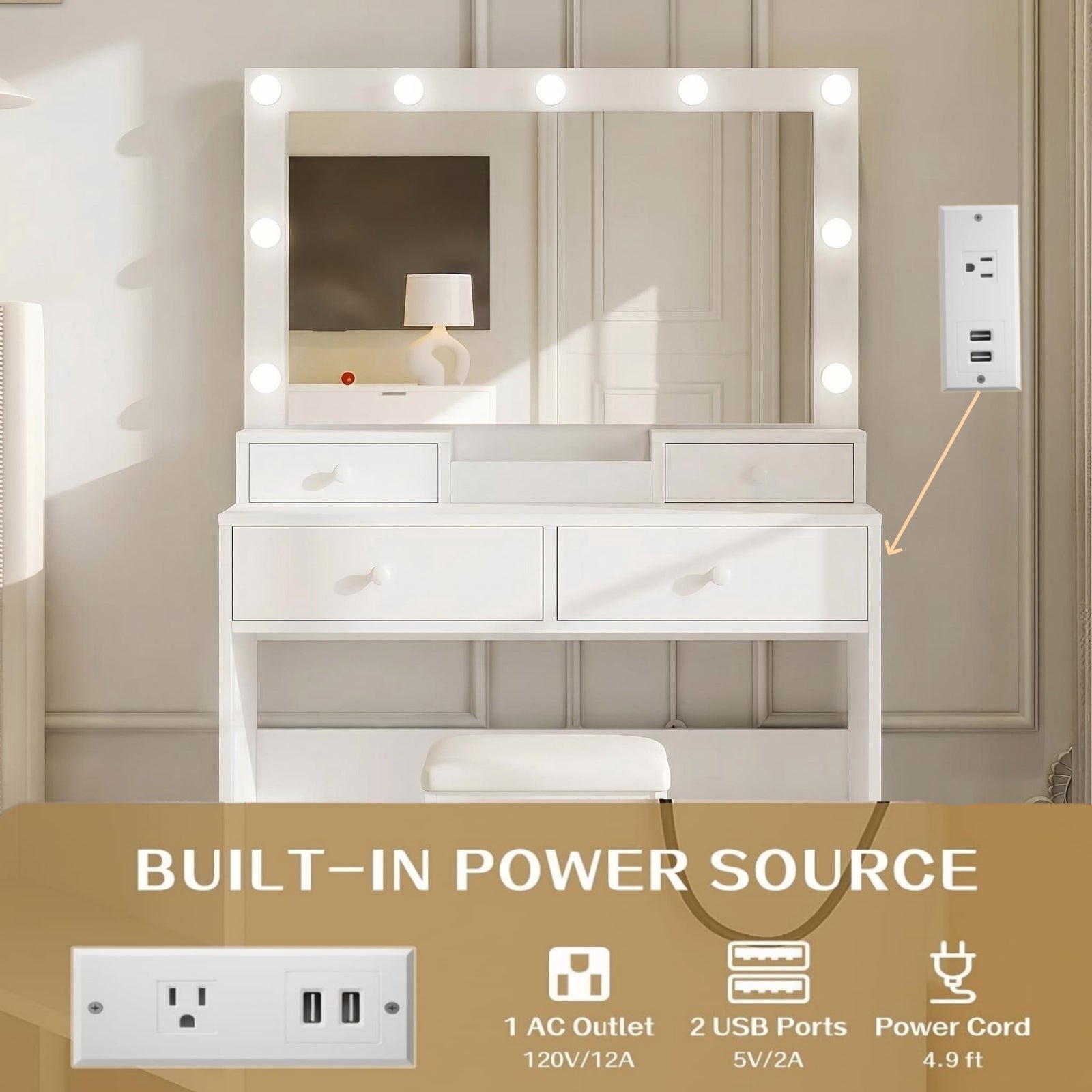 Bexfil White LED Lighted Vanity Table with 4 Drawers, Built-in Power Strip & Storage Stool – Adjustable Brightness Makeup Desk for Bedroom
