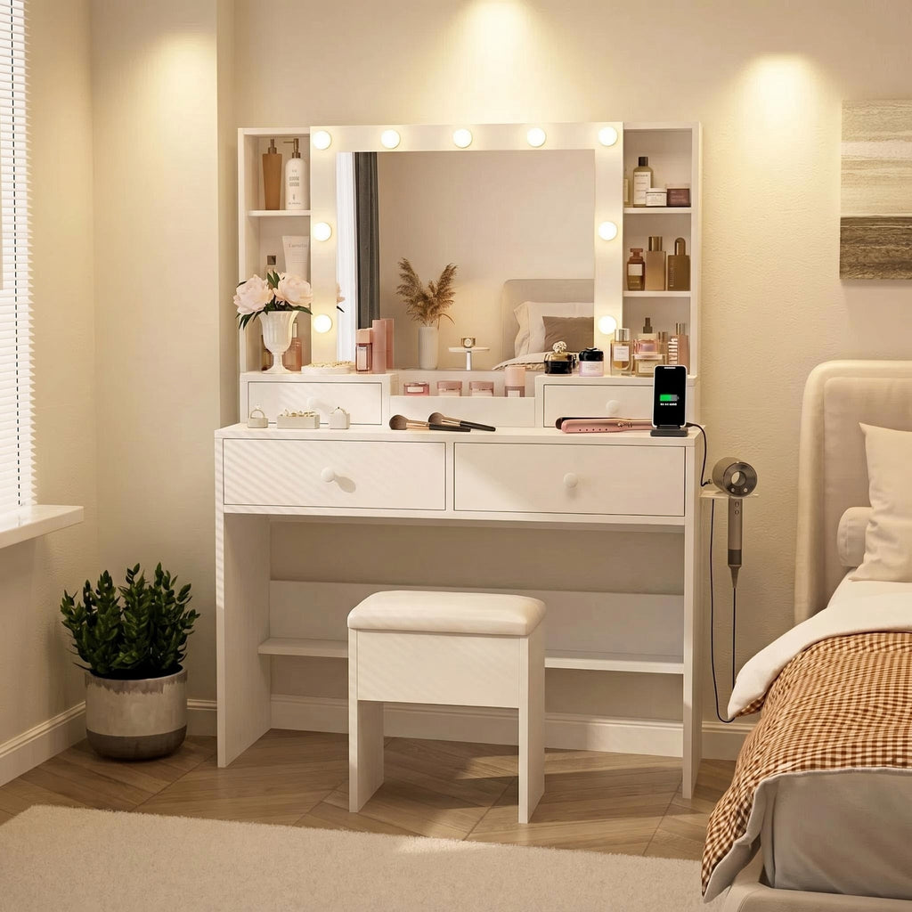 Bexfil White LED Lighted Vanity Table with 4 Drawers, Built-in Power Strip & Storage Stool – Adjustable Brightness Makeup Desk for Bedroom