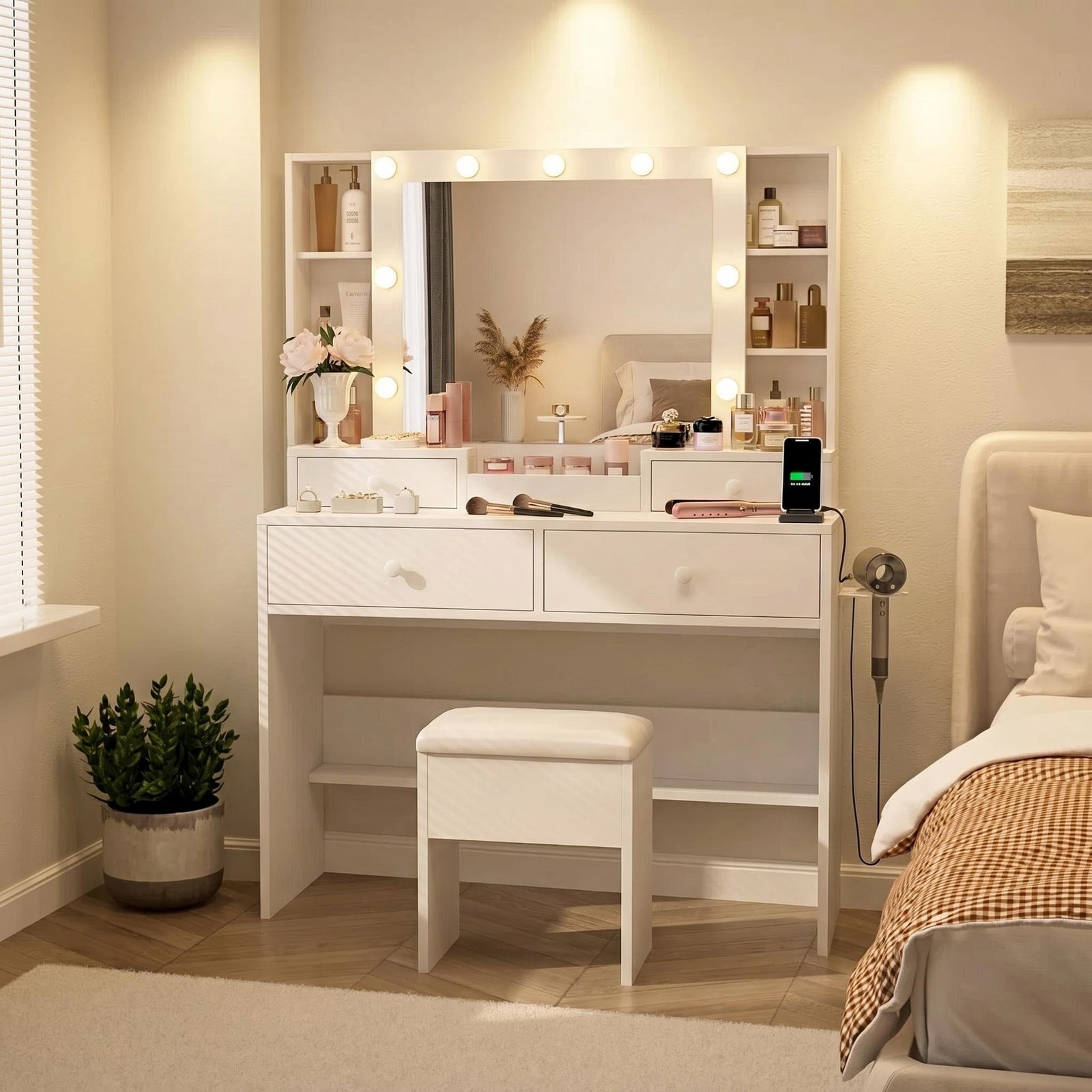 Bexfil White LED Lighted Vanity Table with 4 Drawers, Built-in Power Strip & Storage Stool – Adjustable Brightness Makeup Desk for Bedroom