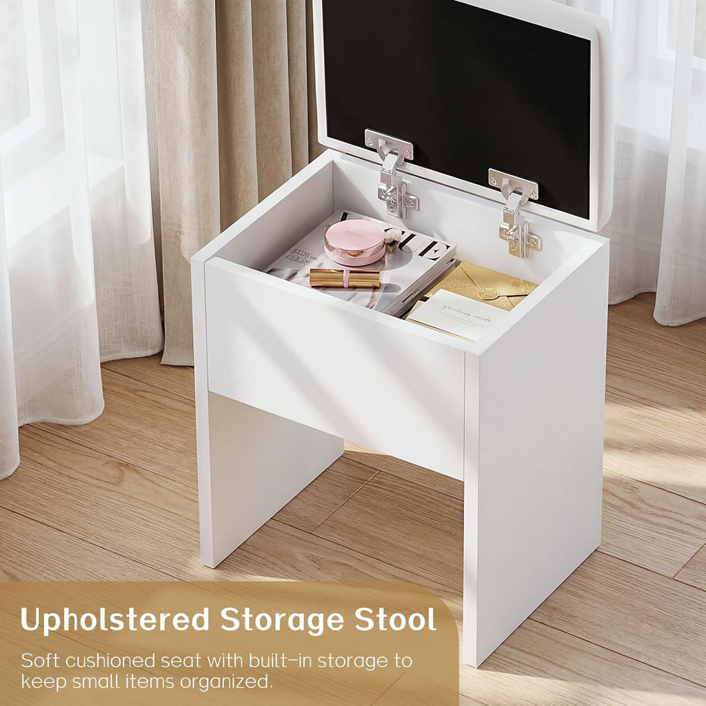 Bexfil White LED Lighted Vanity Table with 4 Drawers, Built-in Power Strip & Storage Stool – Adjustable Brightness Makeup Desk for Bedroom