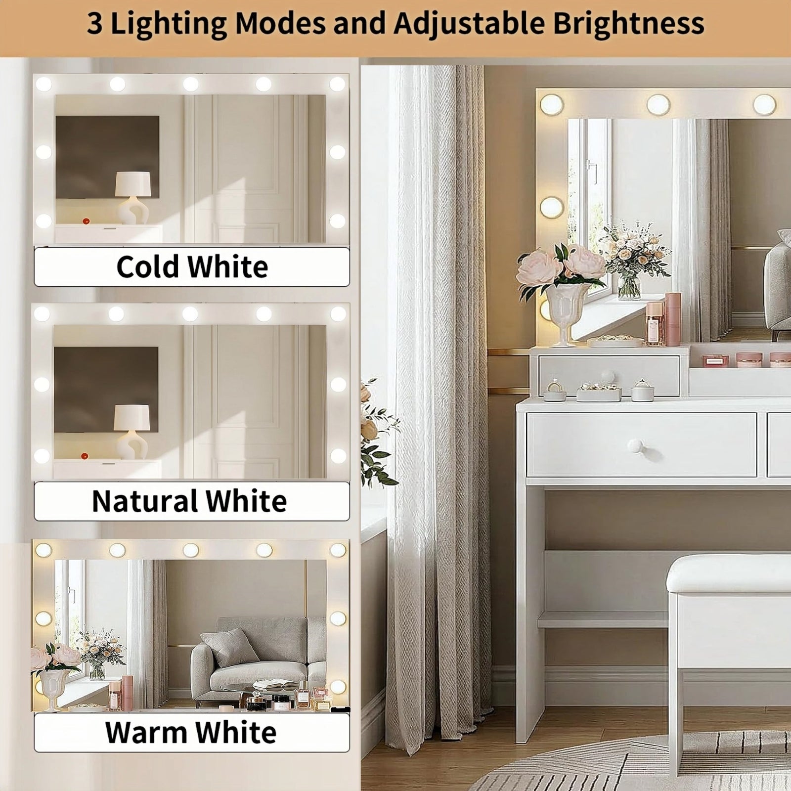 Bexfil White LED Lighted Vanity Table with 4 Drawers, Built-in Power Strip & Storage Stool – Adjustable Brightness Makeup Desk for Bedroom