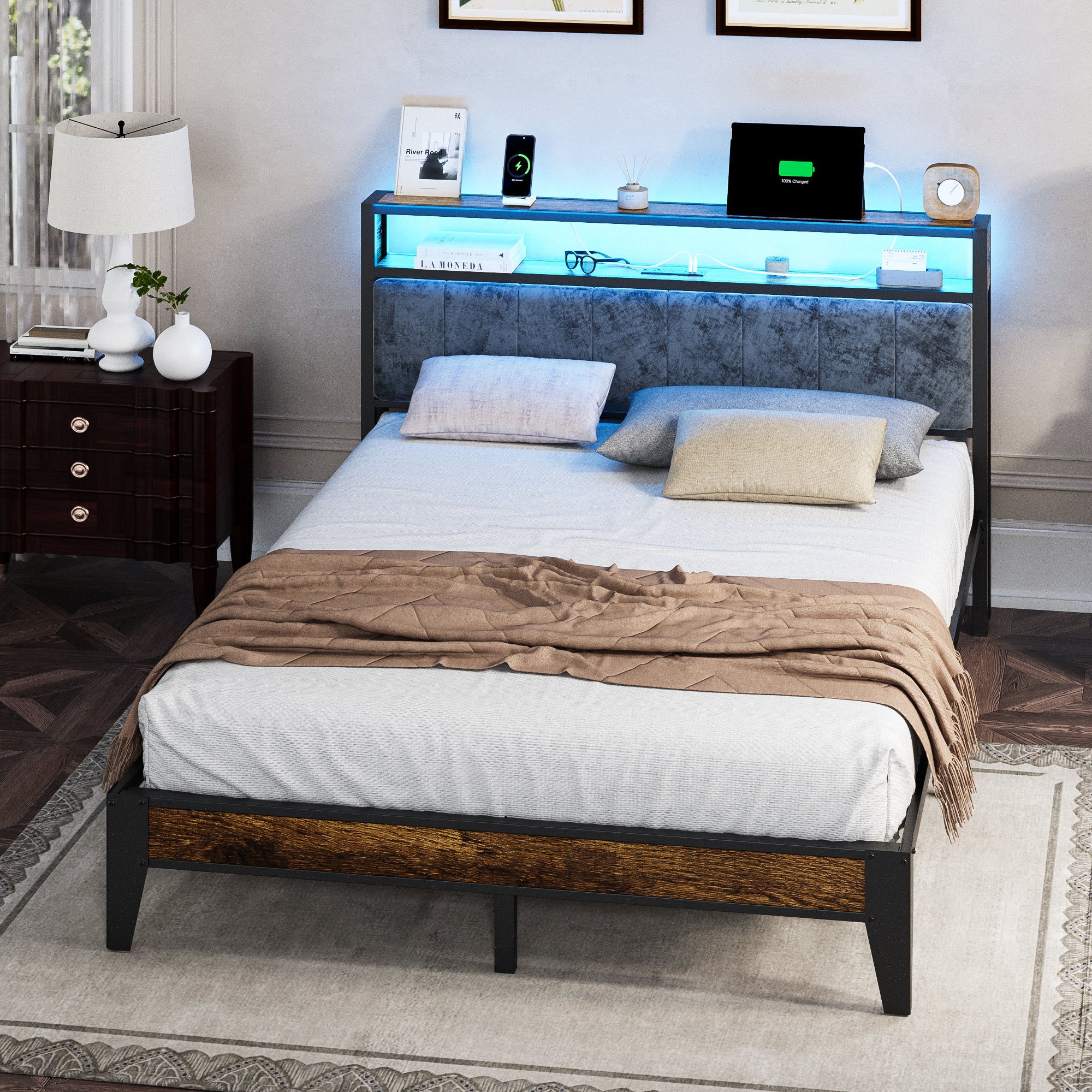 Dayago Queen Size Bed Frame, Storage Headboard with Charging Station, Solid and Stable, Noise Free, No Box Spring Needed, Easy Assembly, Rustic Brown