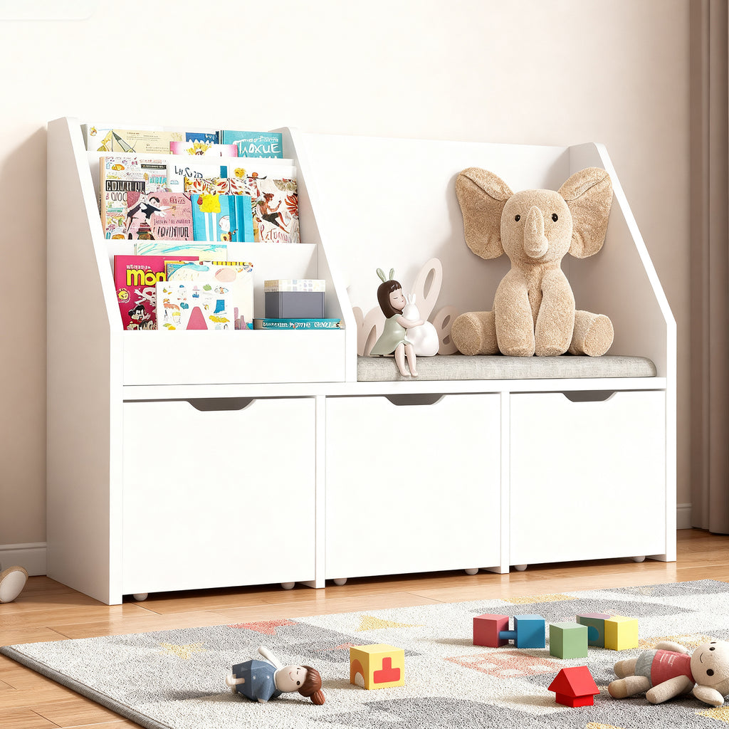 Kbun 40in Kids Bookshelf, Book Wood Storage Organizer with 3 Large Drawers, Toy Storage Organizer for Playroom Bedroom, White