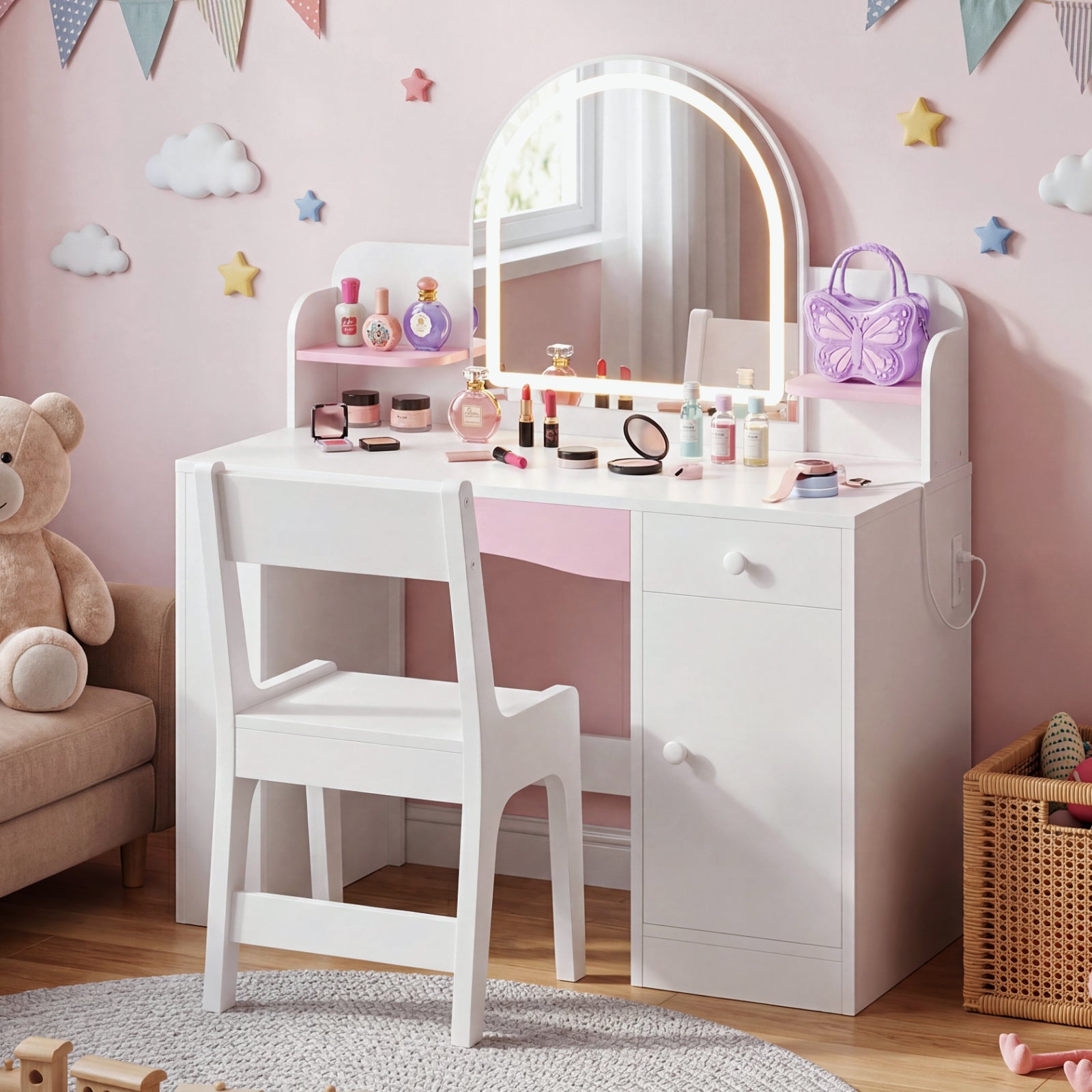 Kbun 35 in Wooden Kids' Vanity Set, Princess Style Dressing Table, Stool, and Furniture Set for Girls Ideal Birthday Gift ,White