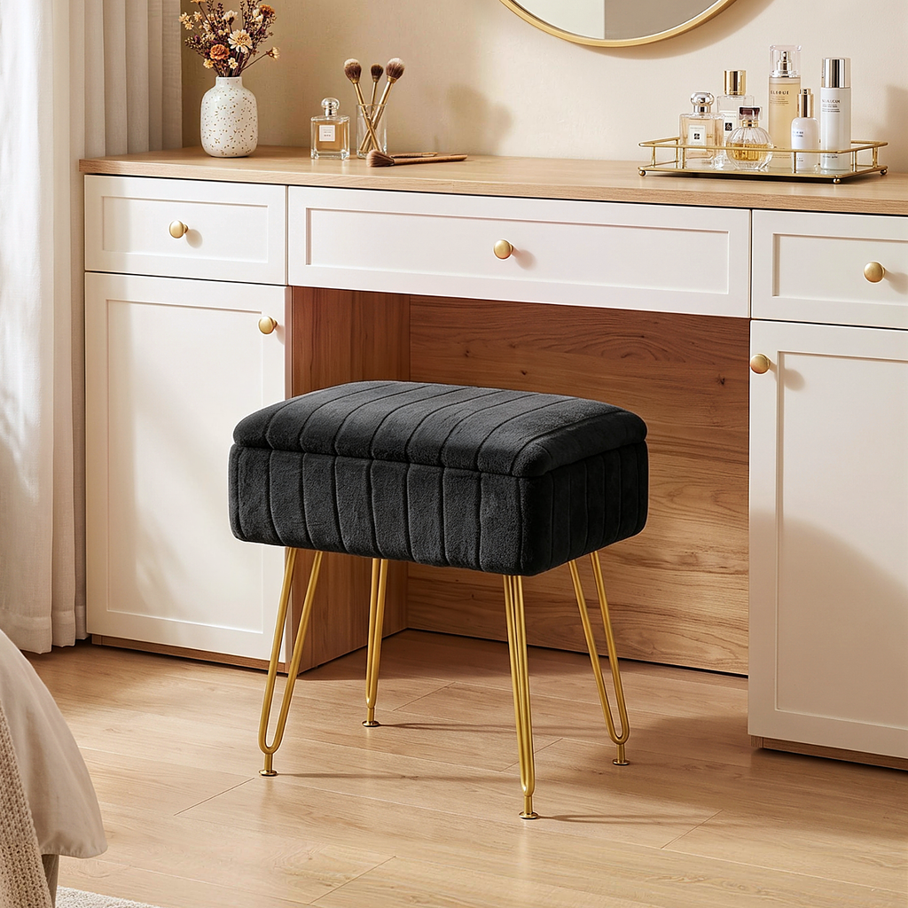 Kbun Faux Fur Vanity Stool with Storage, Makeup Ottoman Chair with Upholstered Seat, Metal Legs & Anti-Slip Feet for Bedroom, Living Room, Black