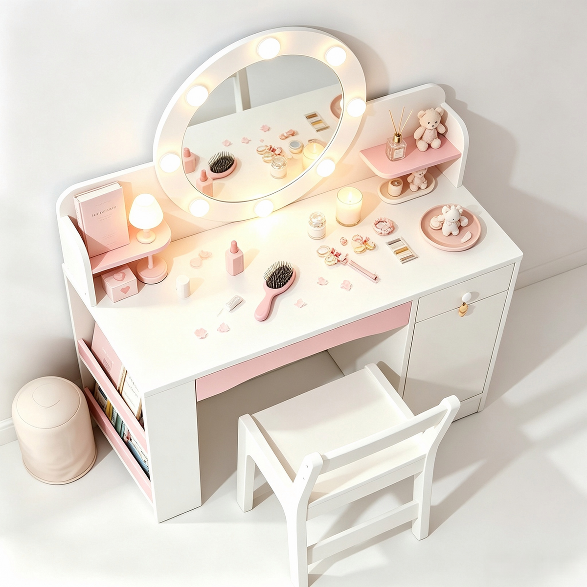 Kbun 35 in Wooden Kids' Vanity Set, Princess Style Dressing Table, Stool, and Furniture Set for Girls Ideal Birthday Gift ,White