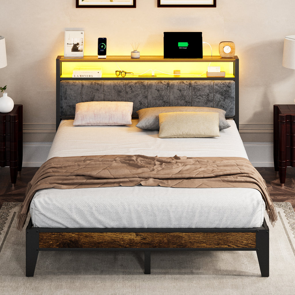Dayago Queen Size Bed Frame, Storage Headboard with Charging Station, Solid and Stable, Noise Free, No Box Spring Needed, Easy Assembly, Rustic Brown