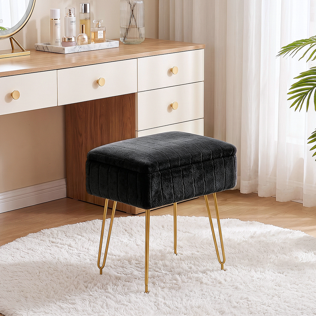 Kbun Faux Fur Vanity Stool with Storage, Makeup Ottoman Chair with Upholstered Seat, Metal Legs & Anti-Slip Feet for Bedroom, Living Room, Black