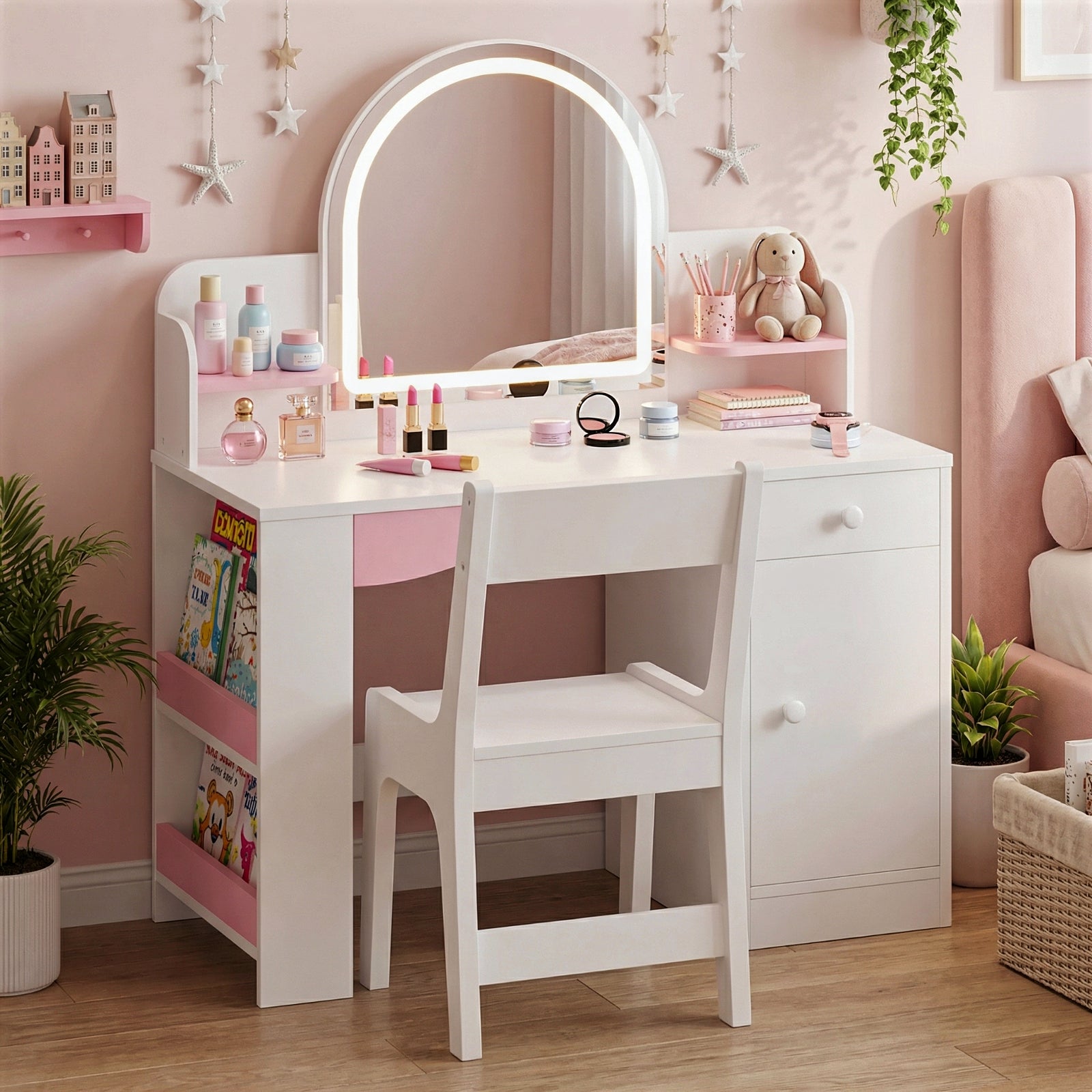 Kbun 35 in Wooden Kids' Vanity Set, Princess Style Dressing Table, Stool, and Furniture Set for Girls Ideal Birthday Gift ,White