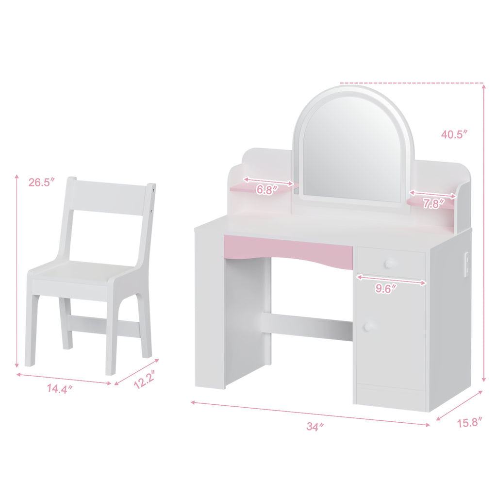 Kbun 35 in Wooden Kids' Vanity Set, Princess Style Dressing Table, Stool, and Furniture Set for Girls Ideal Birthday Gift ,White