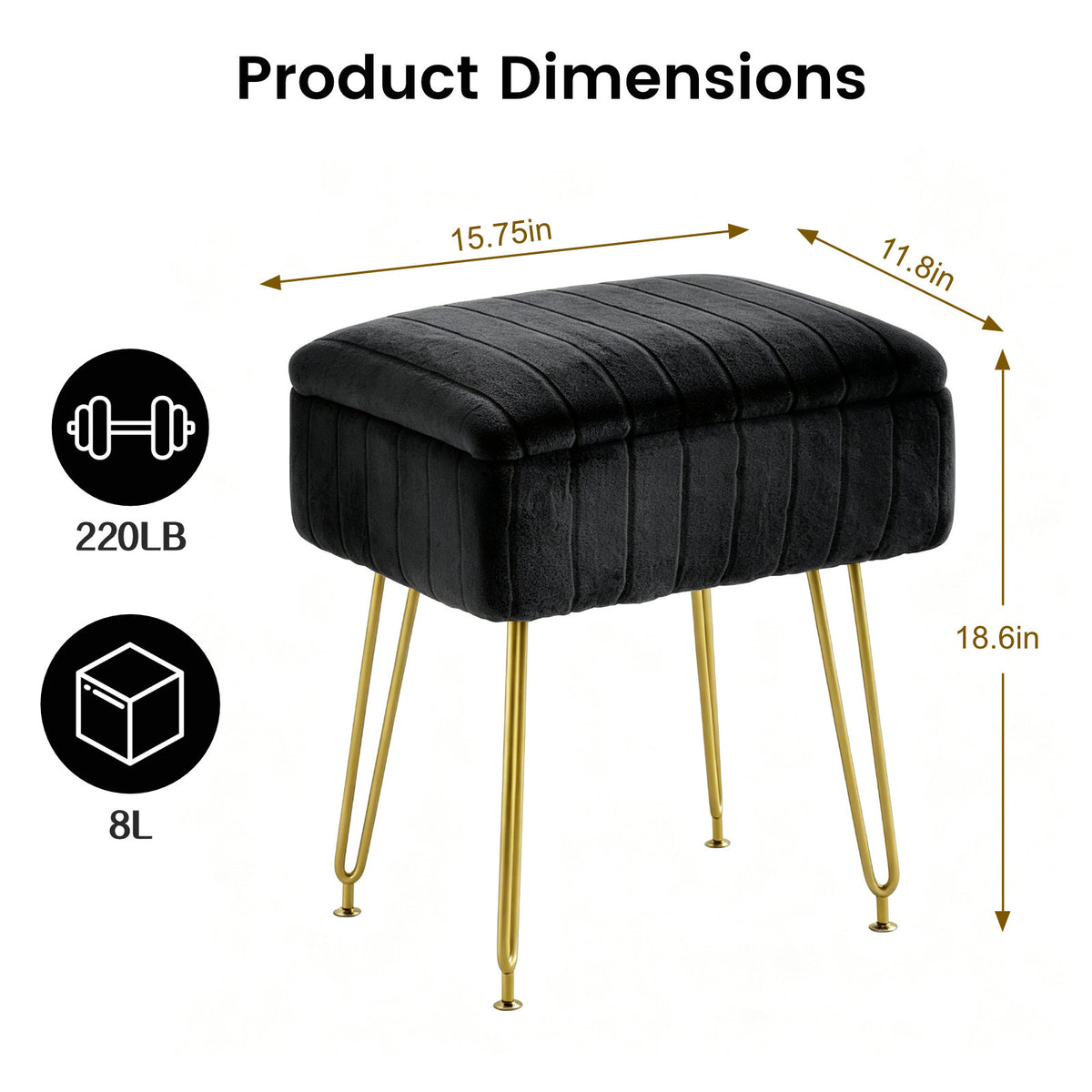Kbun Faux Fur Vanity Stool with Storage, Makeup Ottoman Chair with Upholstered Seat, Metal Legs & Anti-Slip Feet for Bedroom, Living Room, Black