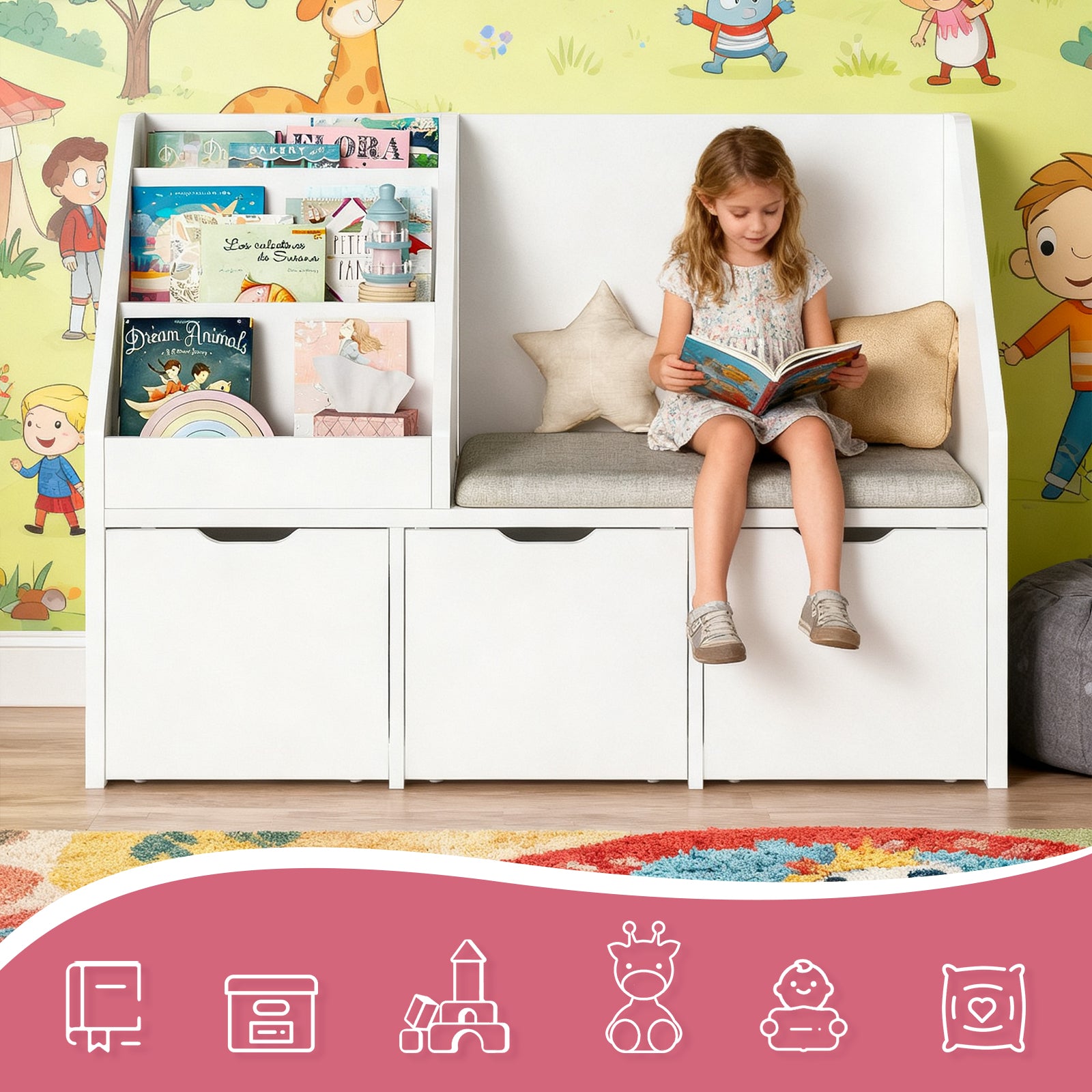 Kbun 40in Kids Bookshelf, Book Wood Storage Organizer with 3 Large Drawers, Toy Storage Organizer for Playroom Bedroom, White