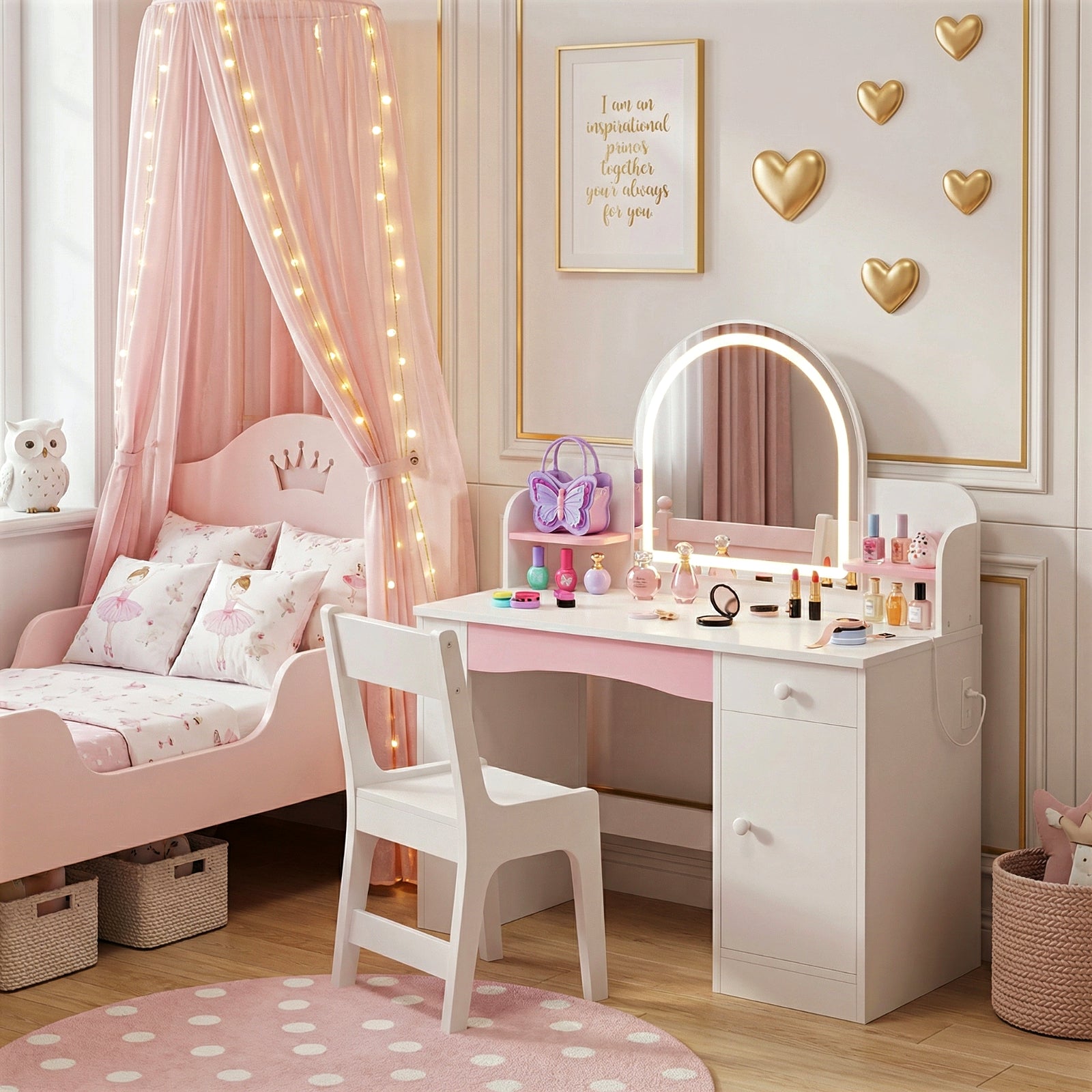 Kbun 35 in Wooden Kids' Vanity Set, Princess Style Dressing Table, Stool, and Furniture Set for Girls Ideal Birthday Gift ,White