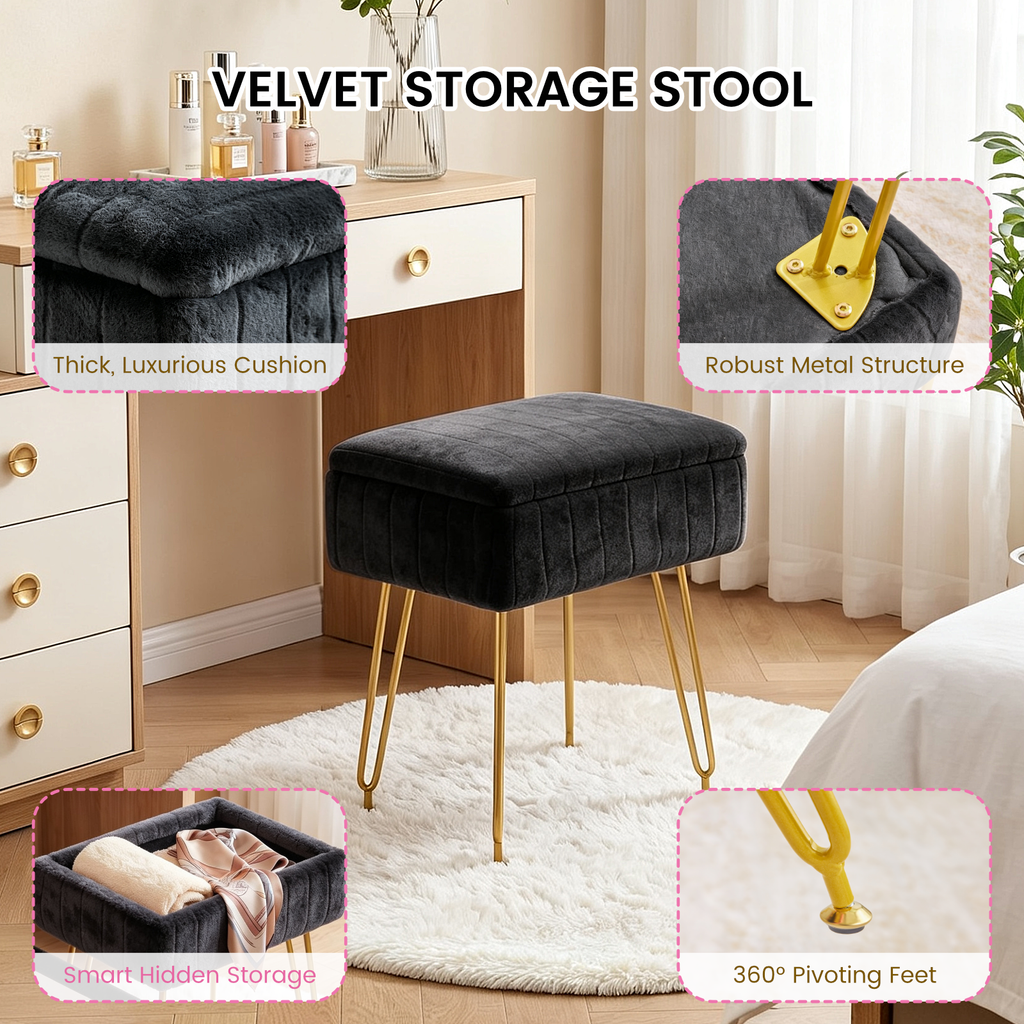 Kbun Faux Fur Vanity Stool with Storage, Makeup Ottoman Chair with Upholstered Seat, Metal Legs & Anti-Slip Feet for Bedroom, Living Room, Black