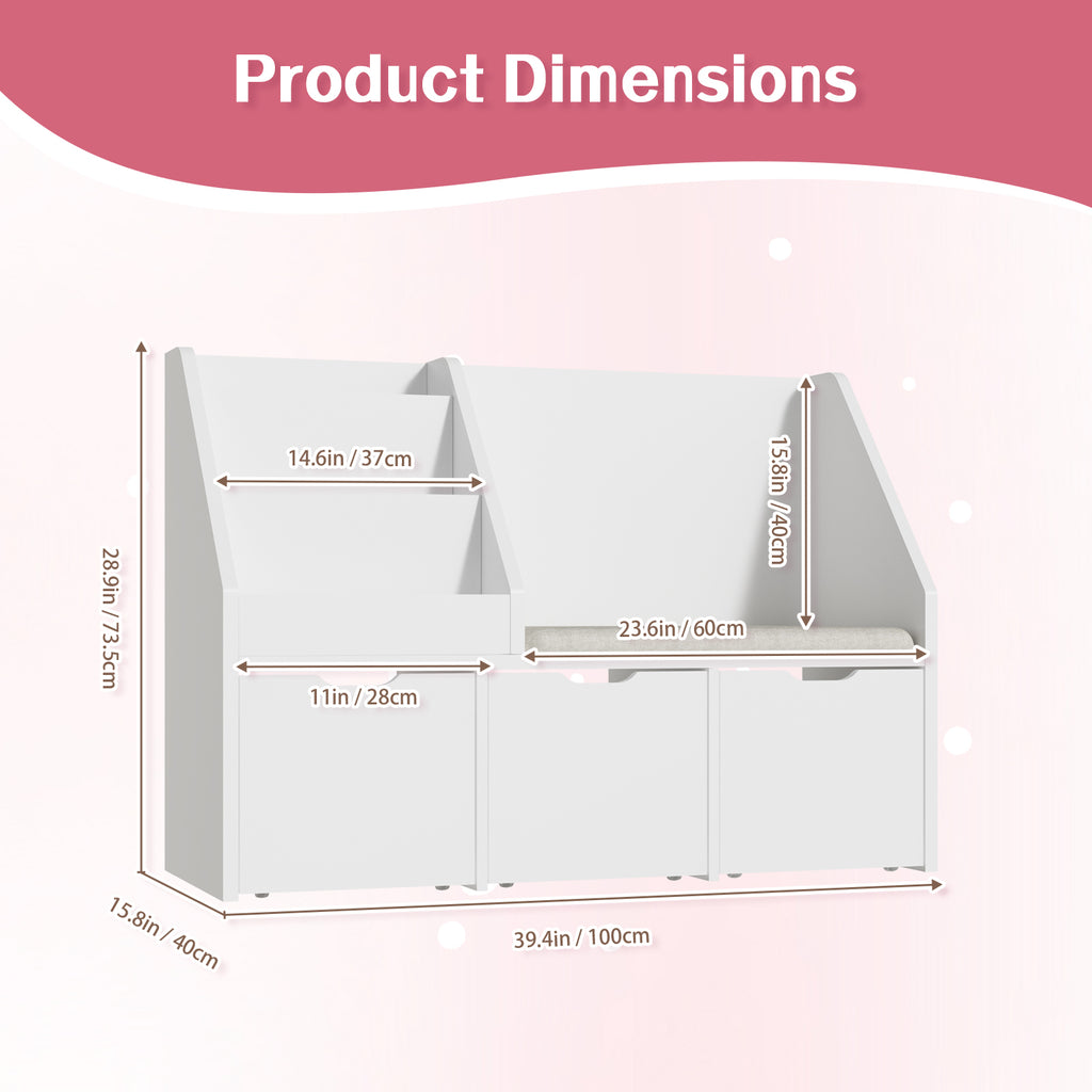 Kbun 40in Kids Bookshelf, Book Wood Storage Organizer with 3 Large Drawers, Toy Storage Organizer for Playroom Bedroom, White