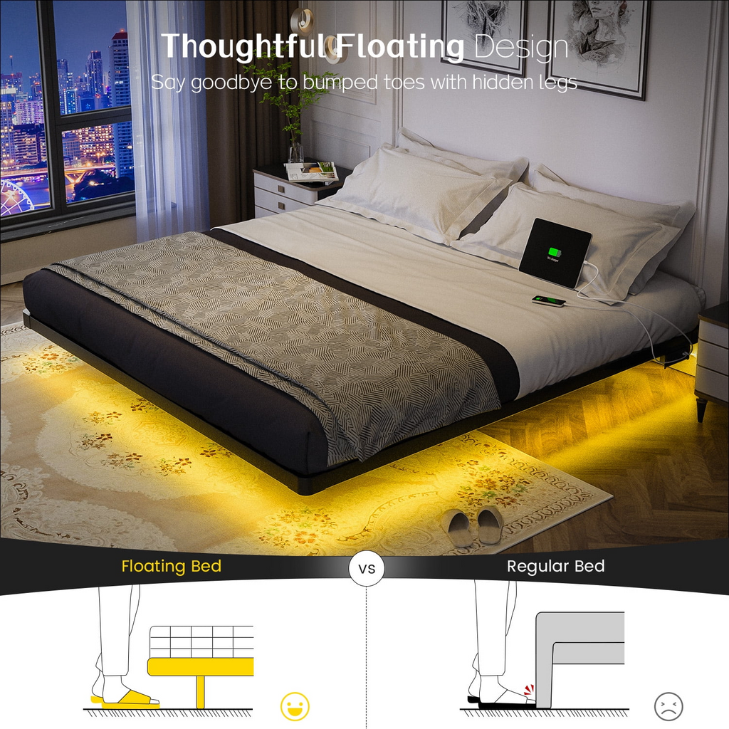 Dayago Floating Bed Frame King Size with LED Lights and Charging Station,Modern Metal Platform,No Box Spring Required