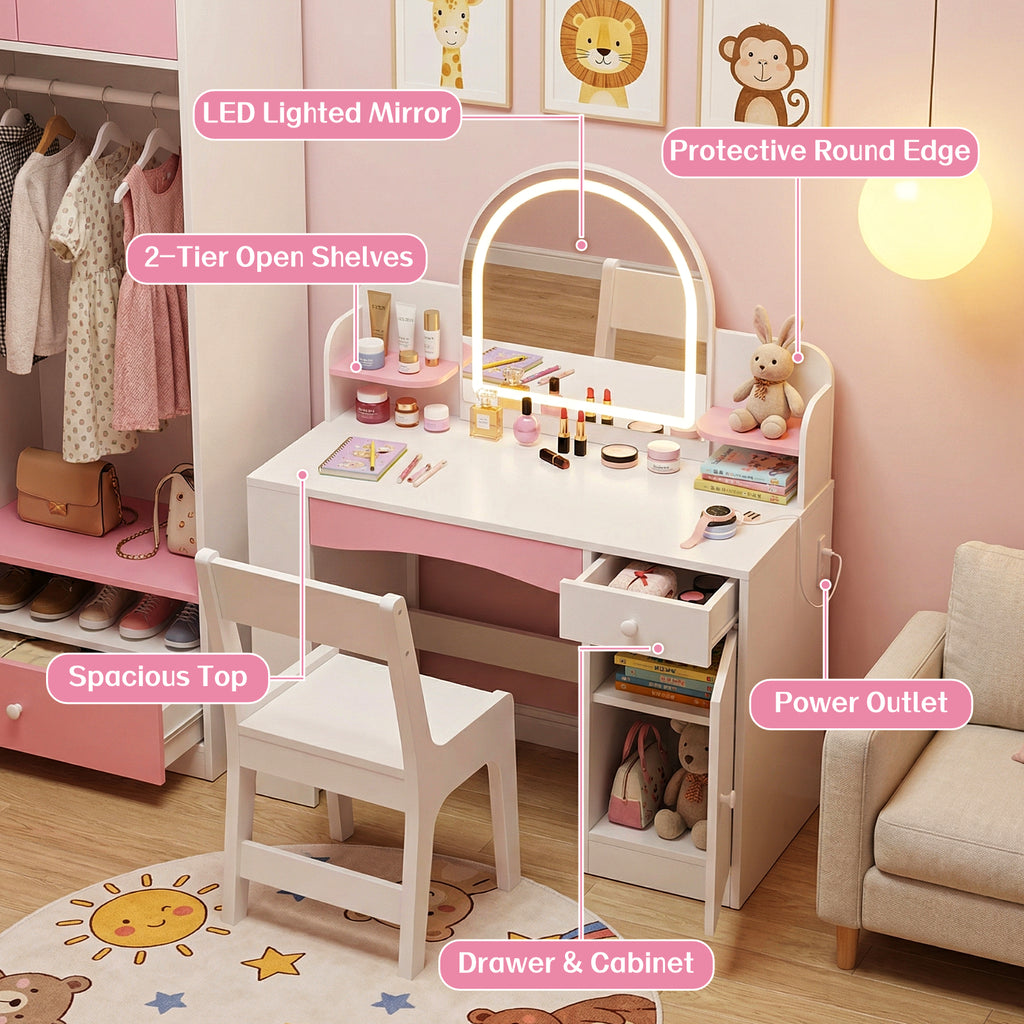 Kbun 35 in Wooden Kids' Vanity Set, Princess Style Dressing Table, Stool, and Furniture Set for Girls Ideal Birthday Gift ,White